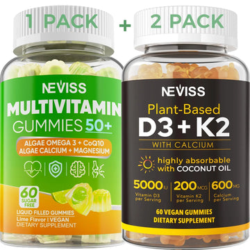 NEVISS 50+ Daily Gummy Multivitamin Algae Omega 3 & Calcium, CoQ10, Magnesium + Vitamin D3 5000IU Gummies 125mcg with Calcium 600mg, K2(MK7) 200mcg NEVISSAu supplements