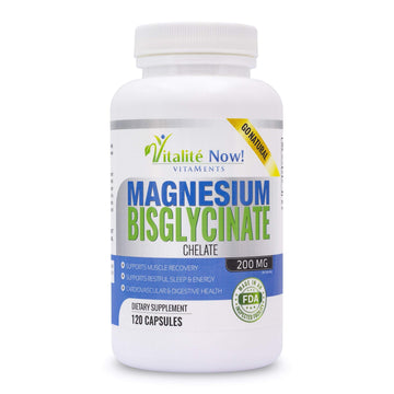 Vitalité Now! Magnesium Bisglycinate 200mg - 100% Chelated Capsules for Superior Absorption - Gentle Formula, No Laxative Effect - Sleep Energy Cramps Muscle Support - Fully Reacted & Buffered Vitalité Now!Au supplements