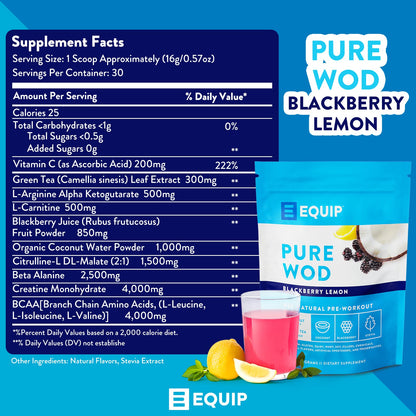 Equip Foods PureWOD All Natural Pre-Workout Powder - 200mg Green Tea Caffeine, BCAA EquipUS supplements