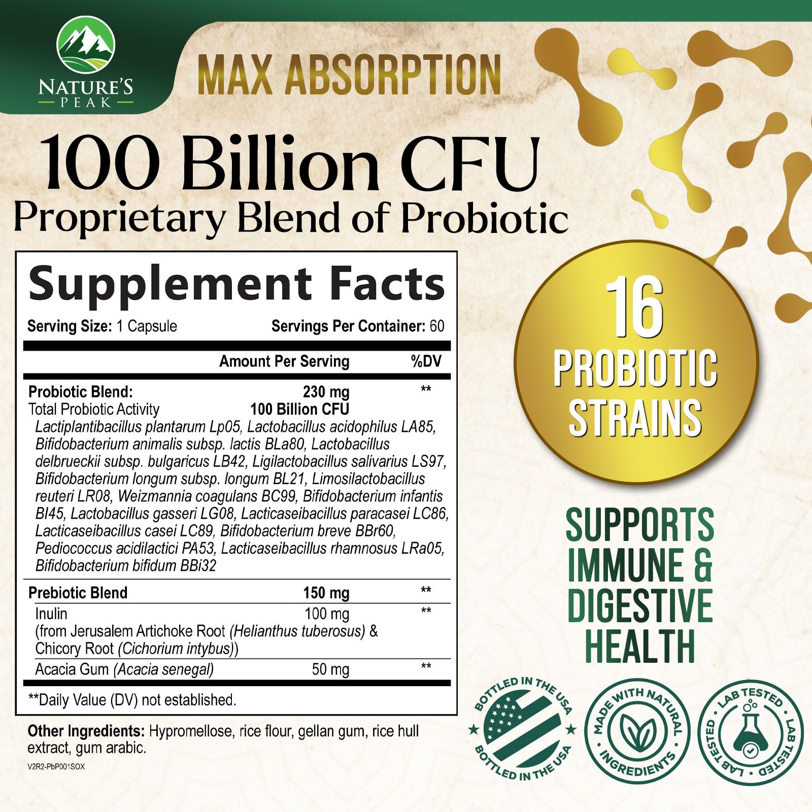 Probiotics 100 Billion CFU Per Serving - 16 Premium Probiotic Strains Prebiotics - Immune Support, Gut Health, Occasional Constipation, Gas & Bloating, Probiotics Supplement, USA Bottled, 60 Capsules Nature's PeakAu supplements