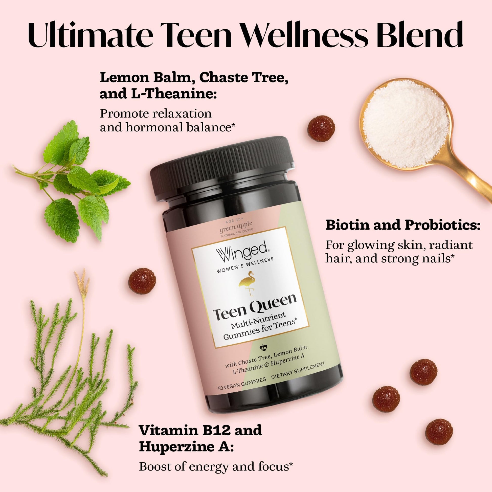 Winged Wellness Multivitamin Gummies for Teen Girls - Teen Vitamins for Mood & Hormonal Health - Vegan Gummy Supplement with Chaste Tree, Lemon Balm, L-Theanine, Probiotics & Biotin - 50 Gummies Winged WellnessAu supplements