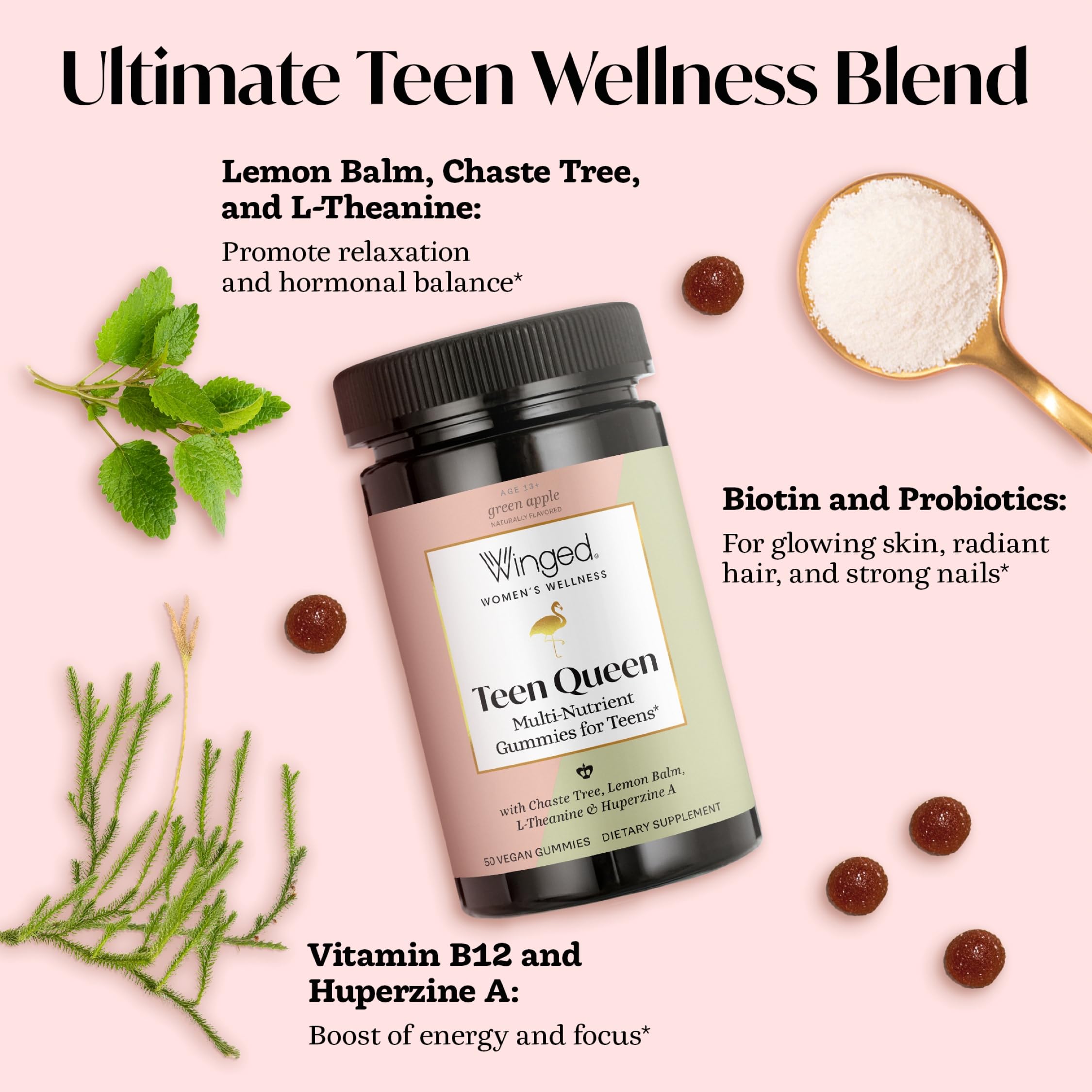 Winged Wellness Multivitamin Gummies for Teen Girls - Teen Vitamins for Mood & Hormonal Health - Vegan Gummy Supplement with Chaste Tree, Lemon Balm, L-Theanine, Probiotics & Biotin - 50 Gummies Winged WellnessAu supplements