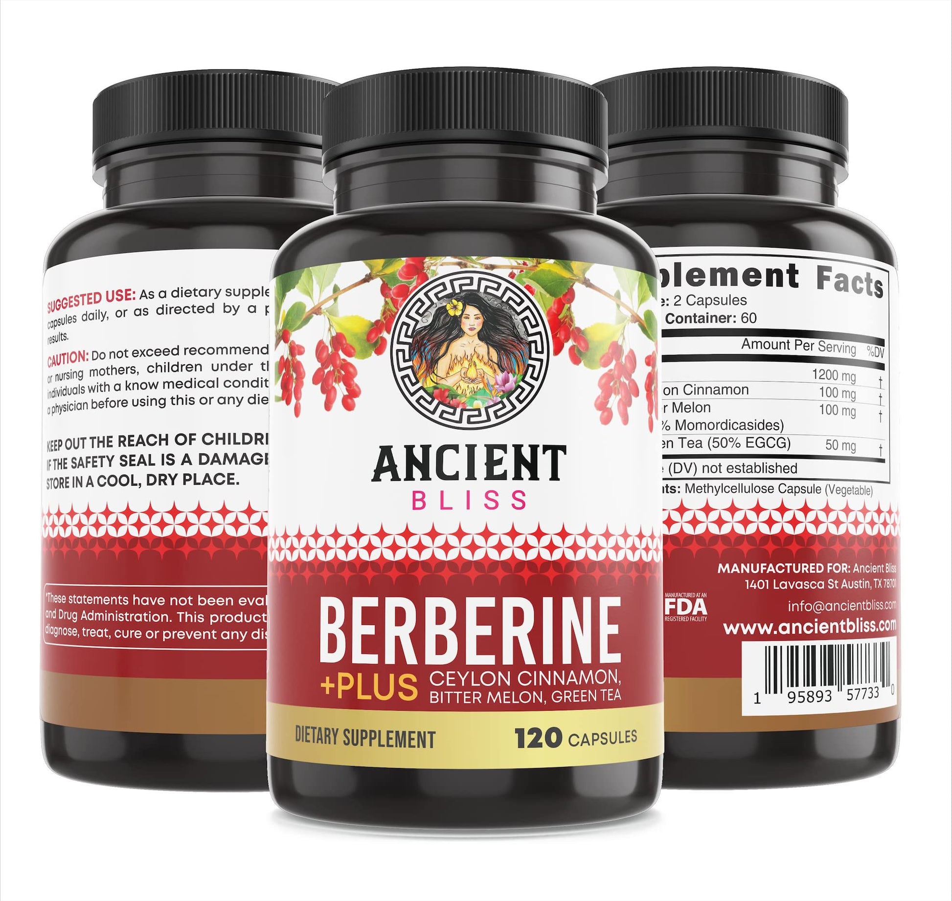 Ancient Bliss Berberine HCL 1200mg with Ceylon Cinnamon, Bitter Melon, and Green Tea Ancient BlissAu supplements