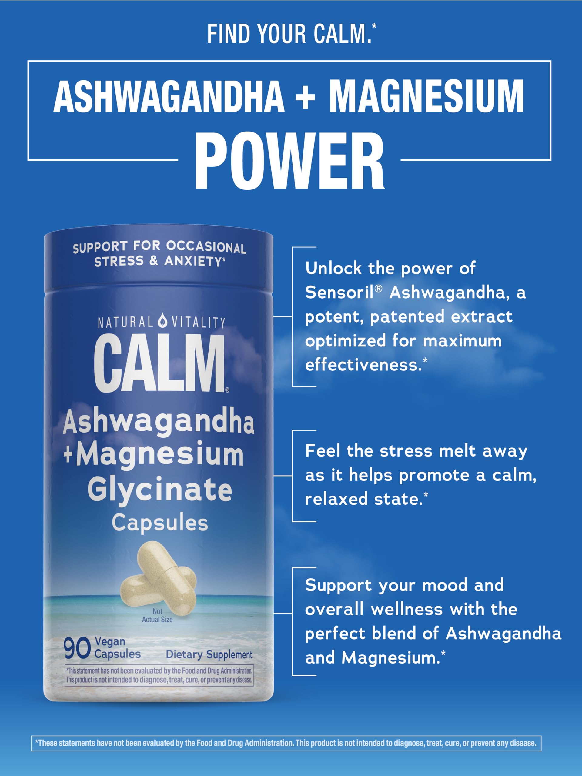 Natural Vitality Calm Ashwagandha + Magnesium Glycinate Capsules | Support for Occasional Stress & Anxiety | Gluten Free Supplement | 90 Count Natural VitalityAu supplements