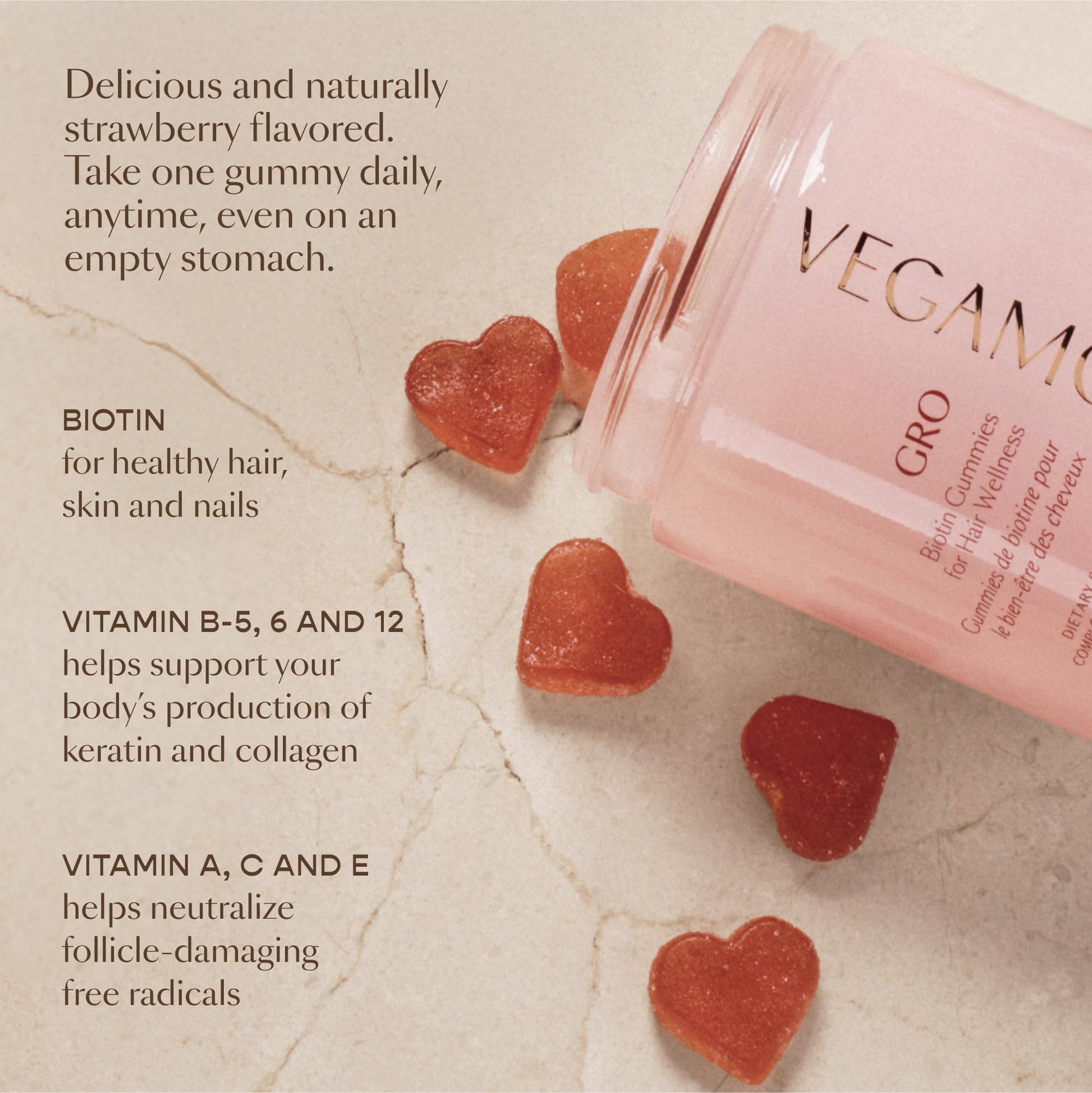 VEGAMOUR GRO Biotin Gummies, Strawberry Flavor with 5000 mcg Biotin, Supports Healthy Hair Vegan Gummies with Vitamins A, B, C, E, B-12 & More, 30 Ct VEGAMOURAu supplements