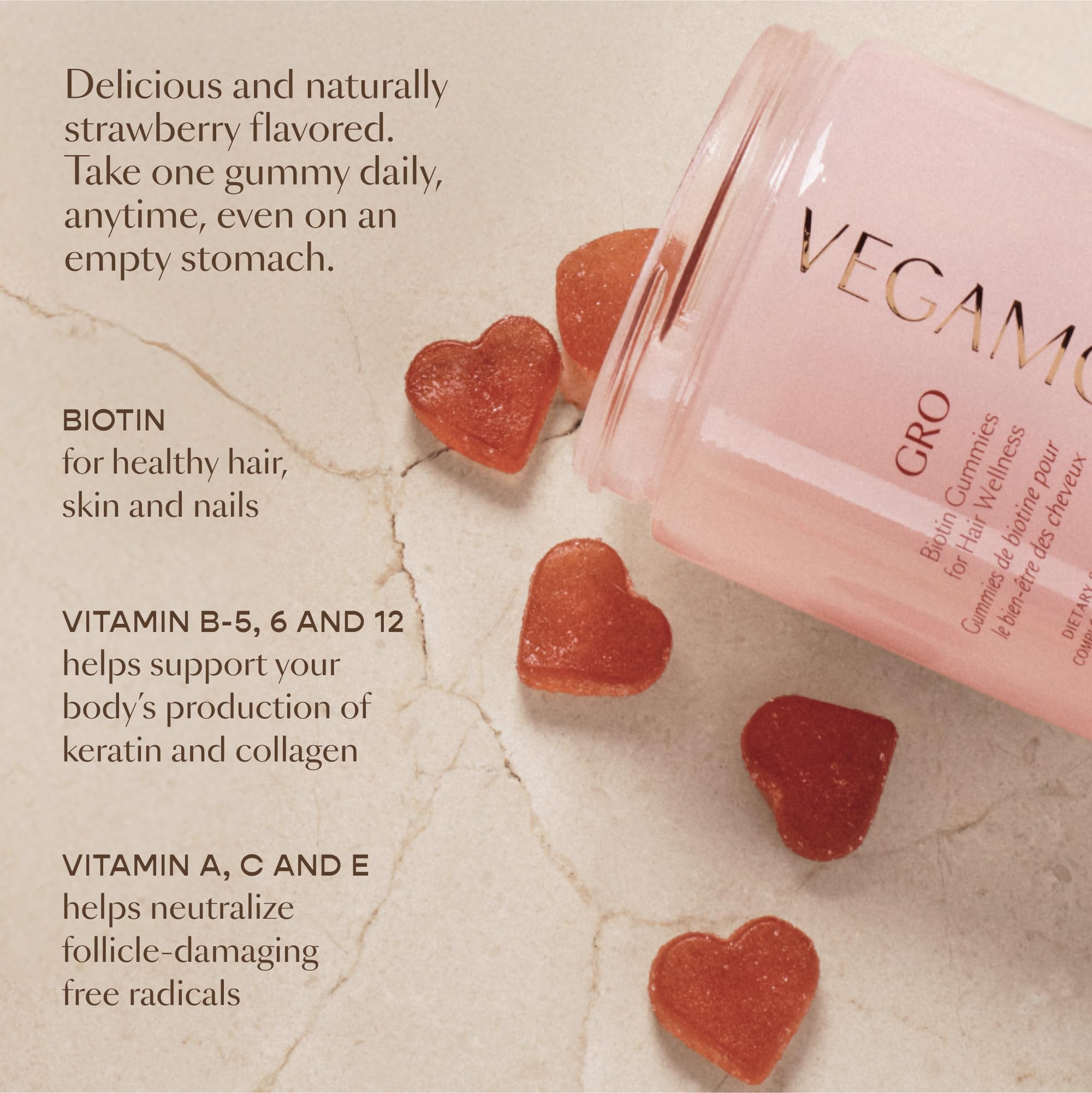 VEGAMOUR GRO Biotin Gummies, Strawberry Flavor with 5000 mcg Biotin, Supports Healthy Hair Vegan Gummies with Vitamins A, B, C, E, B-12 & More, 30 Ct VEGAMOURAu supplements