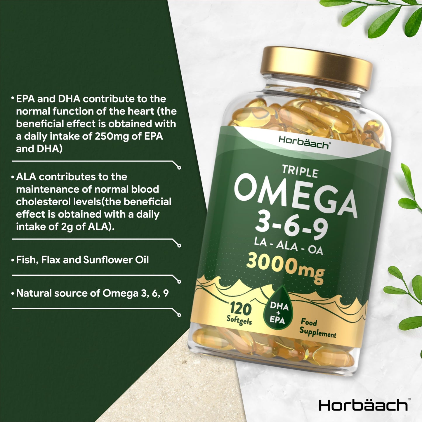 Omega 3 6 9 Capsules High Strength | 3000mg | 120 Softgels | Triple Omega 369 HorbäachUS supplements