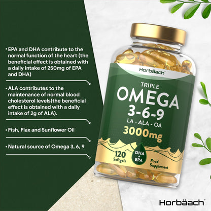 Omega 3 6 9 Capsules High Strength | 3000mg | 120 Softgels | Triple Omega 369 HorbäachUS supplements