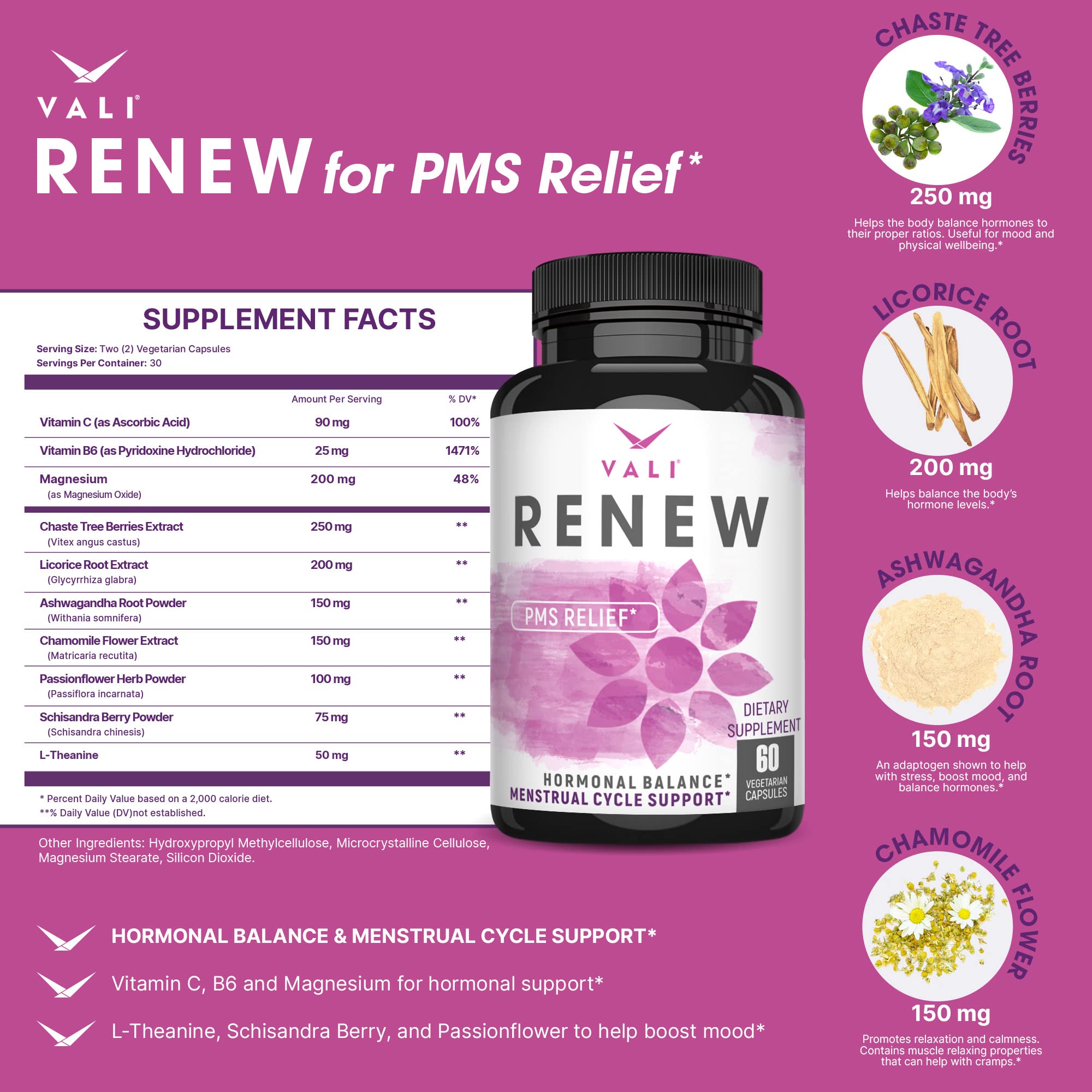 VALI Renew PMS Relief Supplement. Women’s Menstrual Cycle Support. Herbal Formula VALIUS supplements