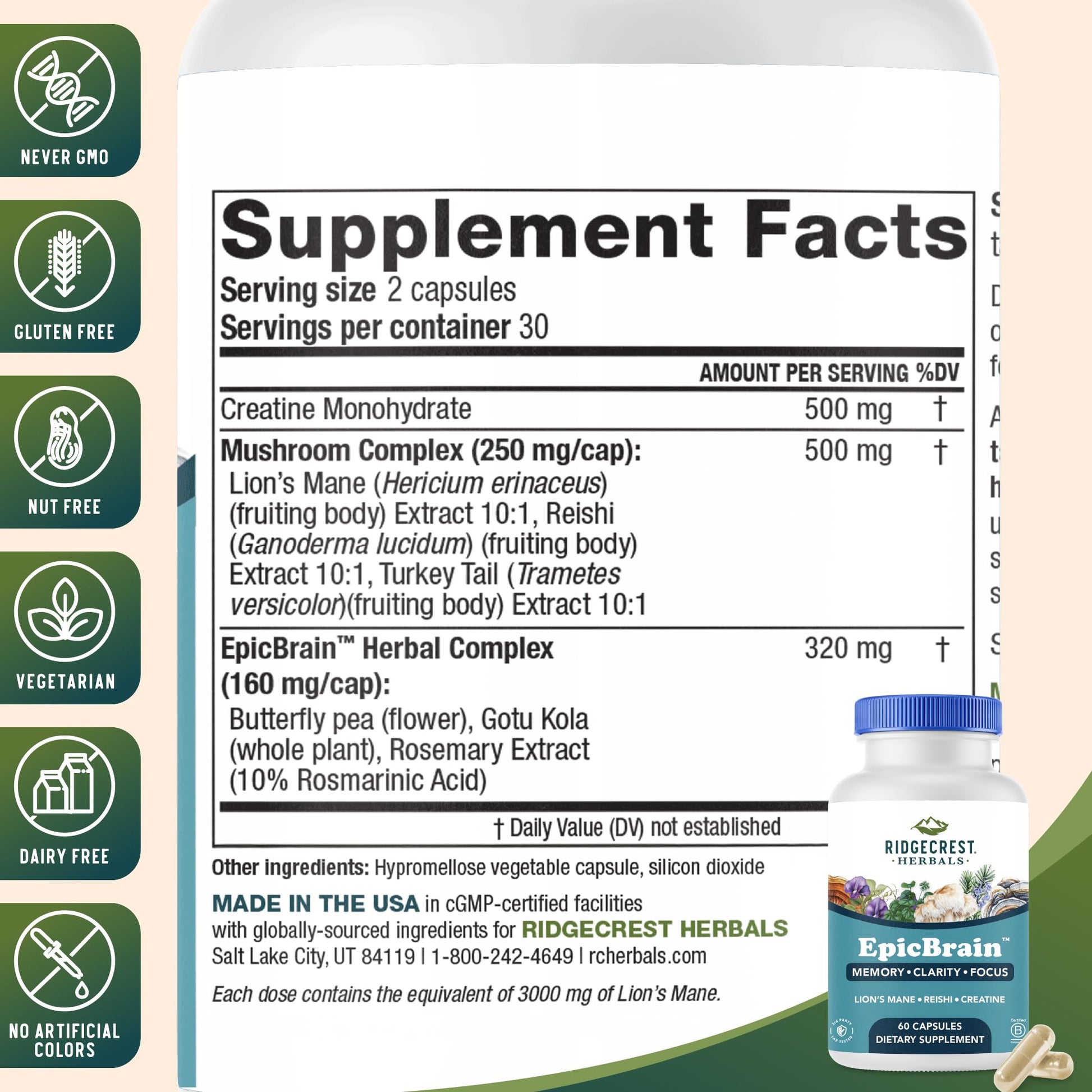 RidgeCrest Herbals EpicBrain, Natural Brain Support Supplement with Creatine Monohydrate, Lion's Mane, Reishi, Supports Mental Clarity, Memory, Focus, Stimulant-Free Nootropic (60 Count, 30 Servings) RidgeCrest HerbalsAu supplements