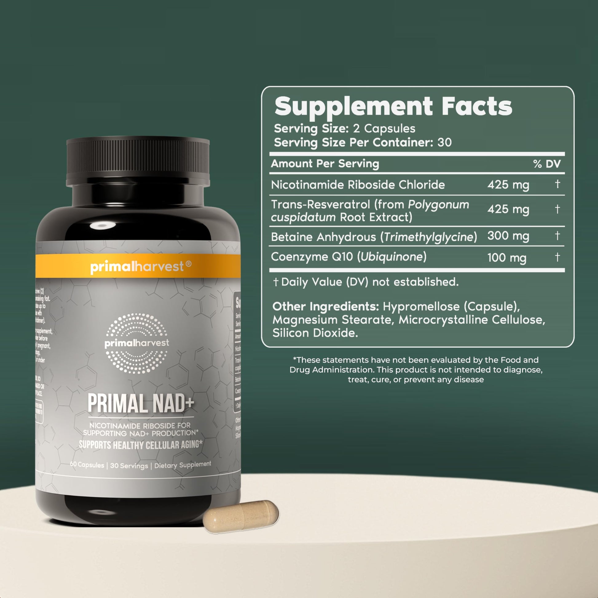 Primal Harvest NAD+ Supplement: Nicotinamide Riboside, Trans-Resveratrol, Betaine, CoQ10, NAD Supplements for Cellular Health, Energy, and Mitochondrial Support (60 Count (1 Pack) Primal HarvestAu supplements