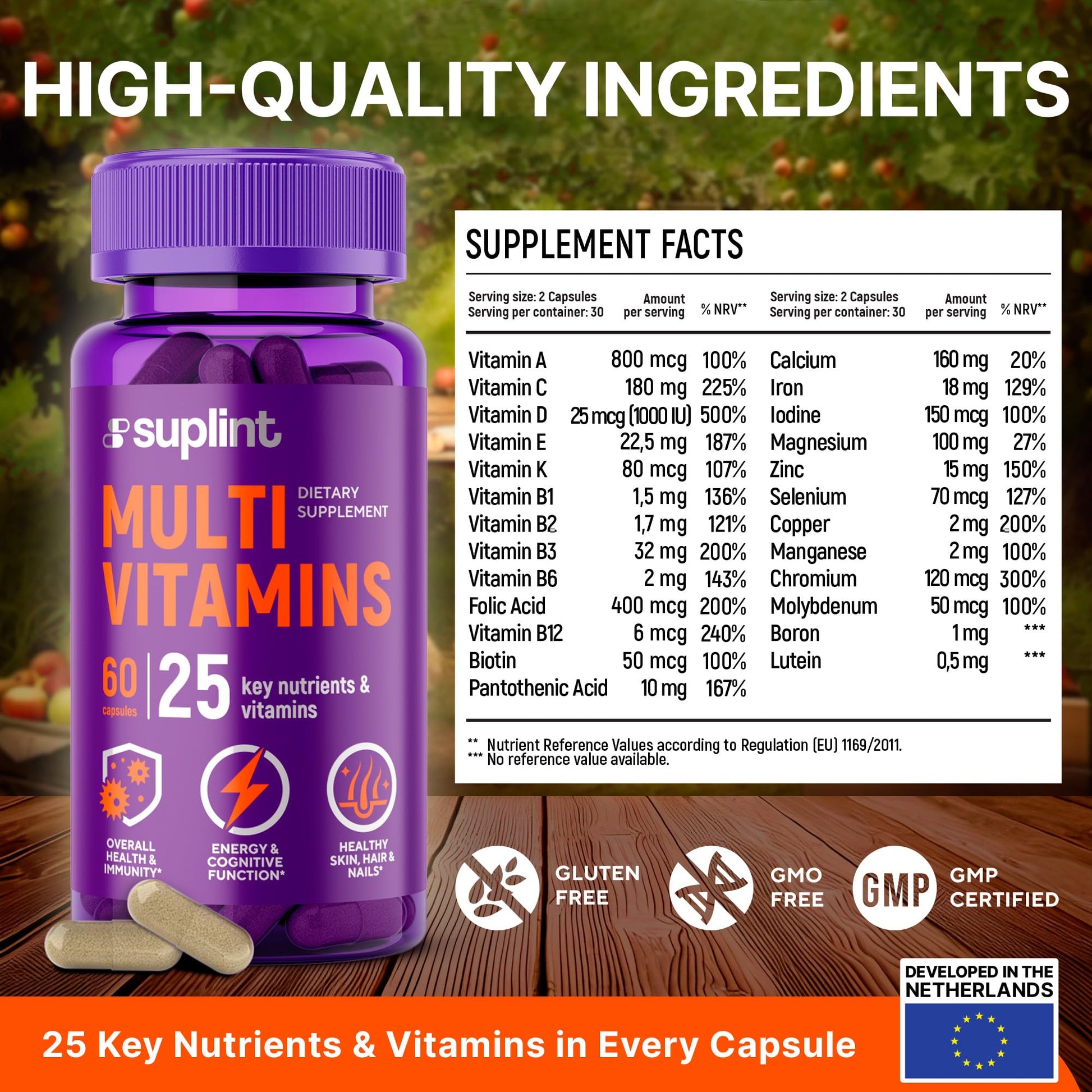 Multivitamin Supplement | Complex with Vitamin A, C, D, E, K1, B, Zinc & Chromium | Hair, Skin & Nail Beauty Vitamins | Immune Support Supplements for Men & Women | 60 Capsules SUPLINTAu supplements