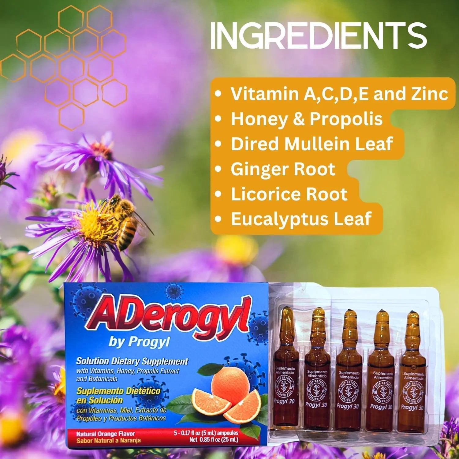Aderogyl Oral Liquid Vitamins with A, C, D, E, Zinc, Bee Honey, Propolis, and Botanical Extracts - Natural Orange Flavor AderogylAu supplements