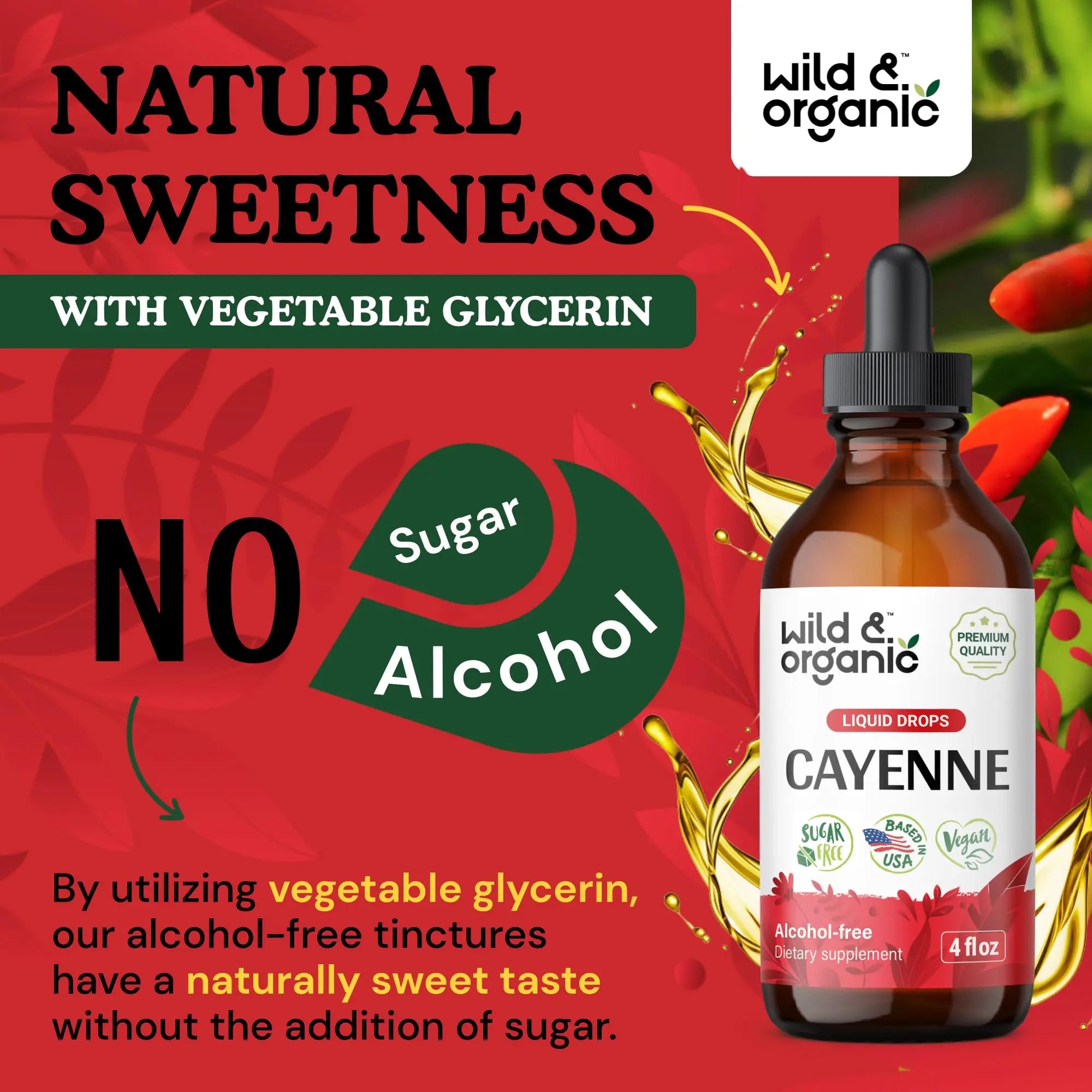 Wild & Organic Cayenne Pepper Tincture - Digestive Support with Capsaicin Extract - Cayenne Pepper Liquid Drops for Overall Well-Being - Unflavored, Vegan, Sugar & Alcohol-Free - 4 fl oz Wild & Organicnz supplements