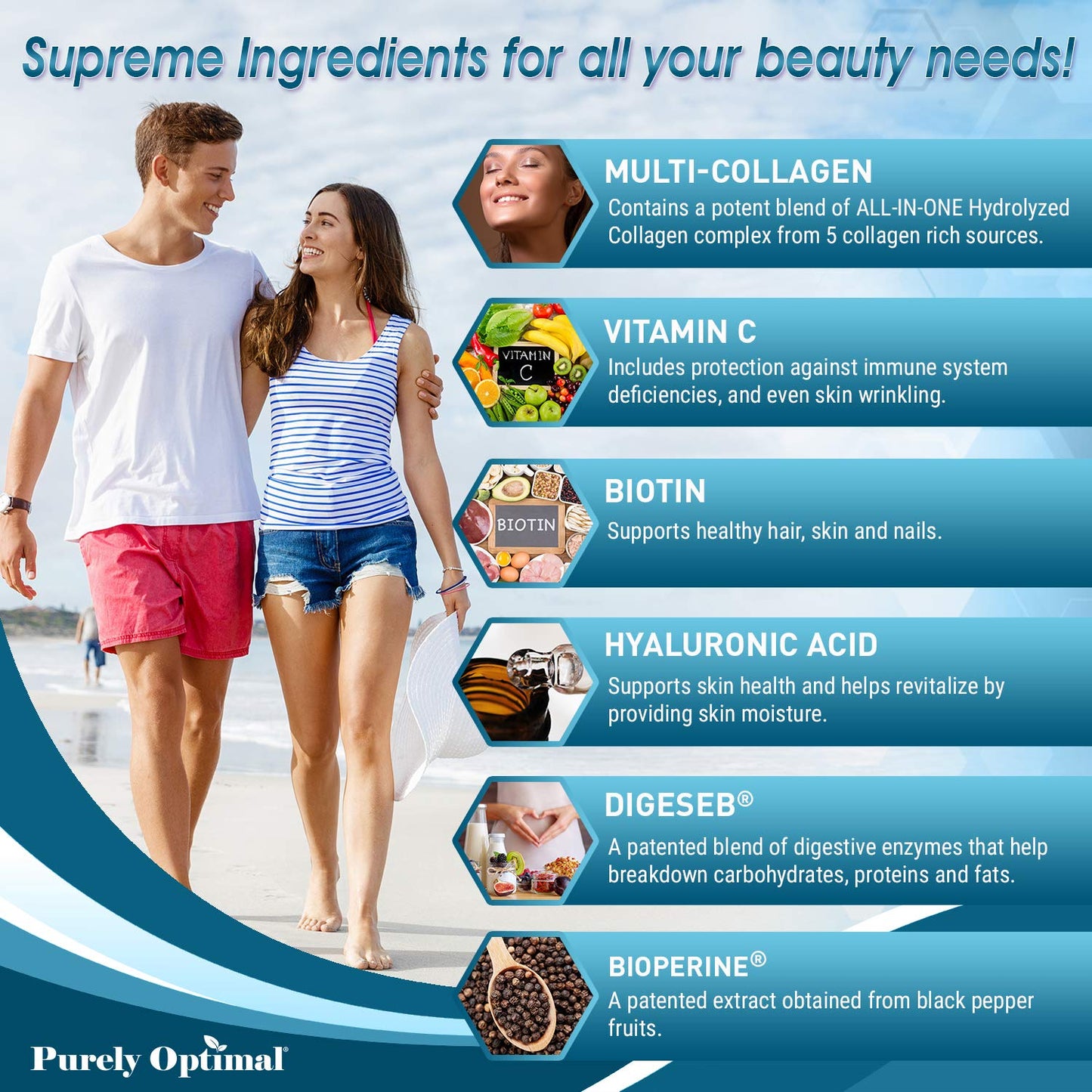 Premium Multi Collagen Peptides (Types I, II, II, V, X) - Collagen Pills for Skin Care, Hair Growth, Nails & Joints - Vitamin C, Hyaluronic Acid Purely OptimalUS supplements