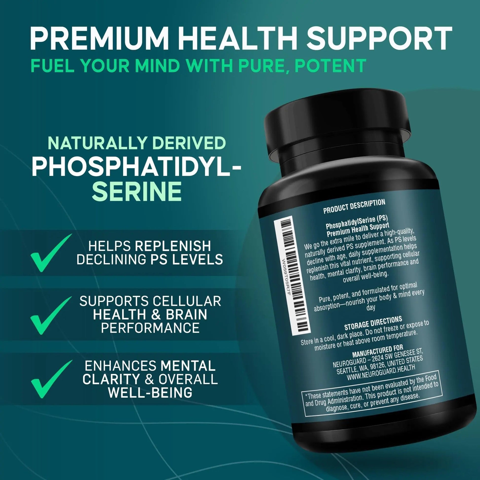 Phosphatidylserine Supplement – Premium Nootropic for Brain Health, Memory, Focus & Stress Support – 300mg Sunflower Lecithin NeuroGuardAu supplements