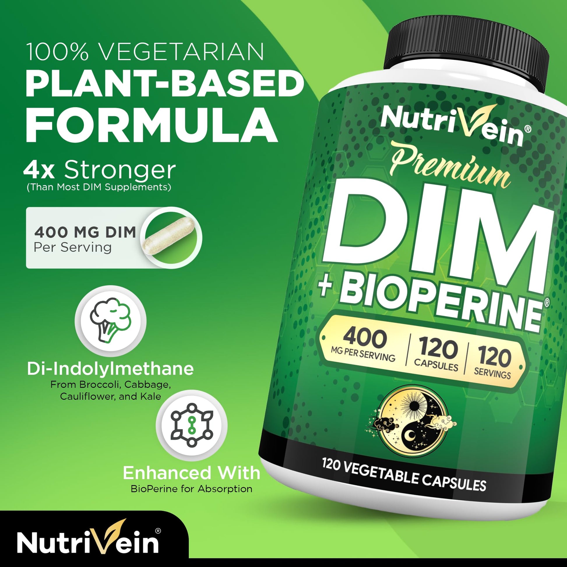 Nutrivein Premium DIM Supplement 400 mg Daily - 120 Servings (120 Capsules): Diindolylmethane for Women and Men - Plus Bioperine - Estrogen Supplement - Menopause and Middle Age Support NutriveinAu supplements