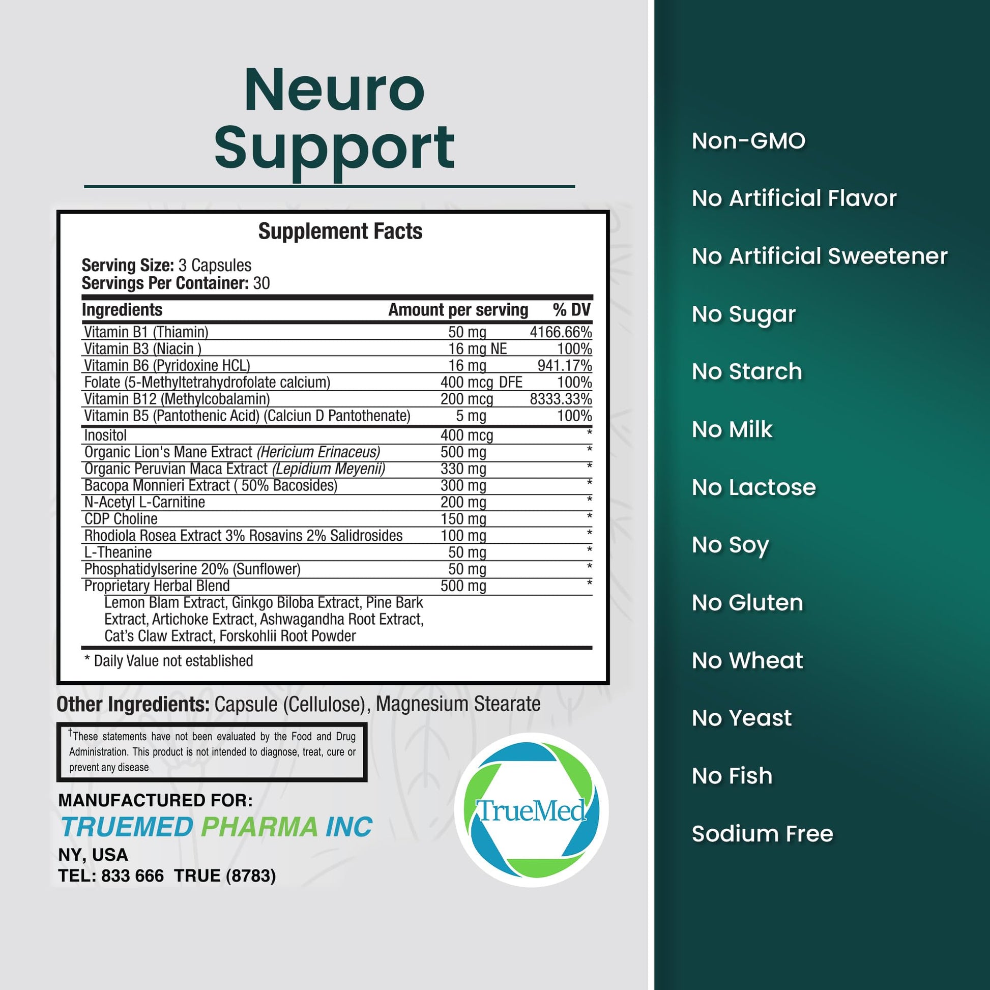 TrueMed Neuro Support - Premium Nootropic Supplement for Focus, Energy, Mental Clarity, and Performance Organic Lion’s Mane, Bacopa Monnieri, Rhodiola, Non-GMO Gluten-Free CDP Choline 90 Veg Capsules TRUEMEDAu supplements