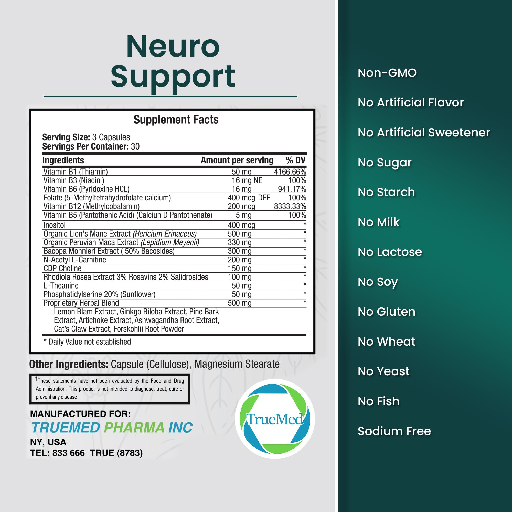 TrueMed Neuro Support - Premium Nootropic Supplement for Focus, Energy, Mental Clarity, and Performance Organic Lion’s Mane, Bacopa Monnieri, Rhodiola, Non-GMO Gluten-Free CDP Choline 90 Veg Capsules TRUEMEDAu supplements