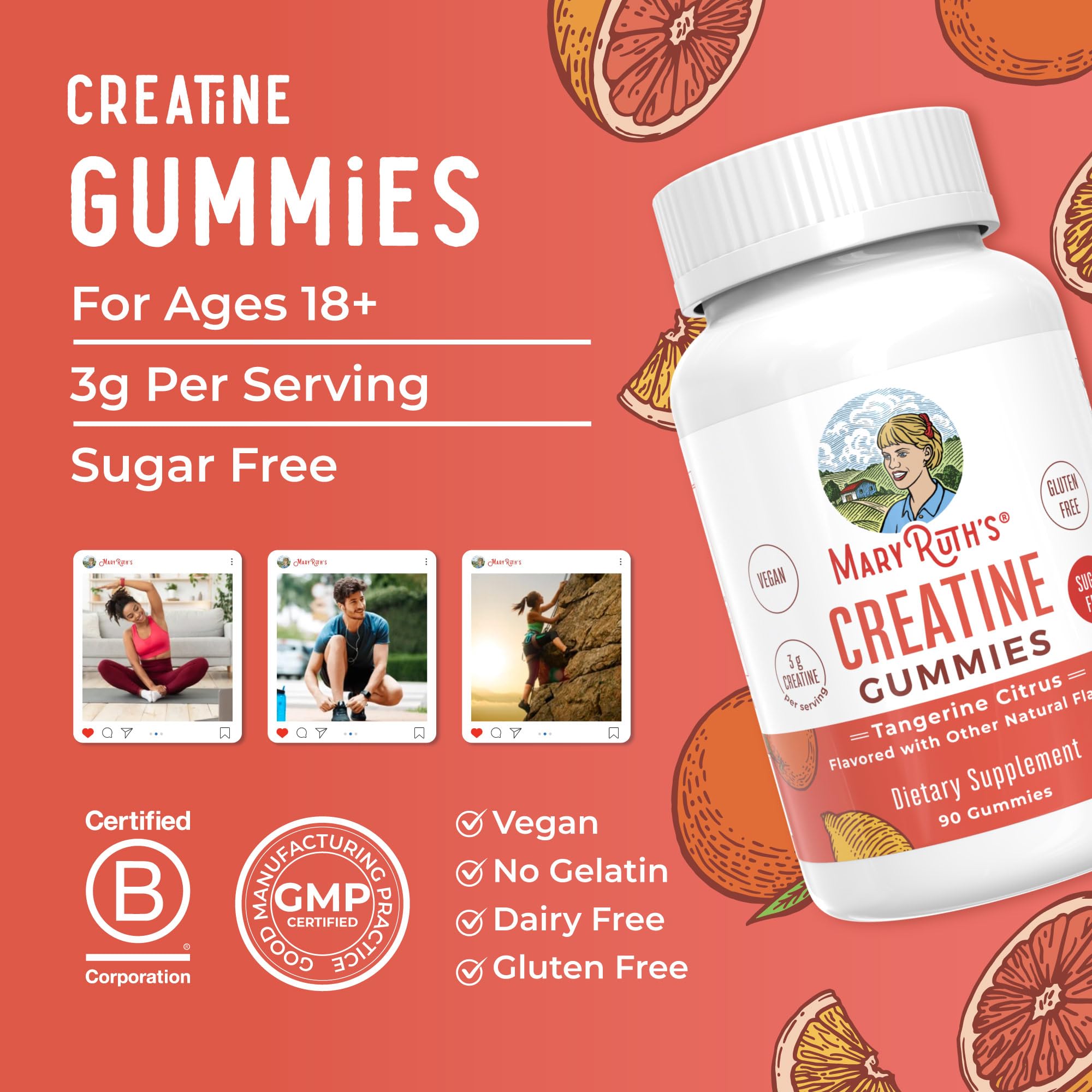 MaryRuth's Creatine Gummies | Creatine Monohydrate Gummies | 3g Creatine Per Serving | Creatine for Women & Men | Tangerine Citrus Flavor | Exercise | Workout | Sugar Free | Vegan | 90 Count MARYRUTH'SAu supplements