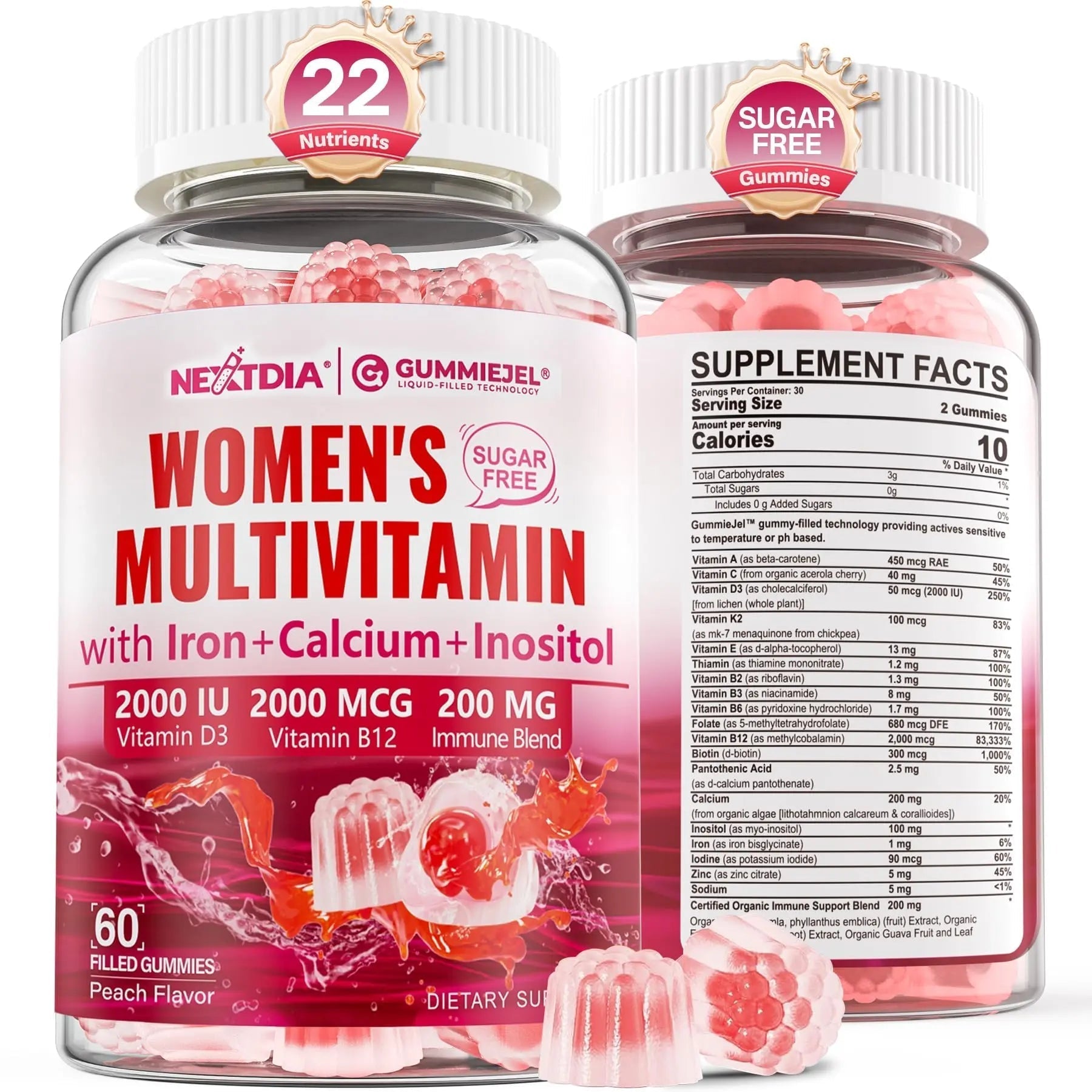 Methylated Multivitamin for Women Gummies, Calcium, D3 K2, Methylfolate & B12, Inositol, Daily Vitamin A, C, E, B Complex, Biotin, Iron NextdiaAu supplements
