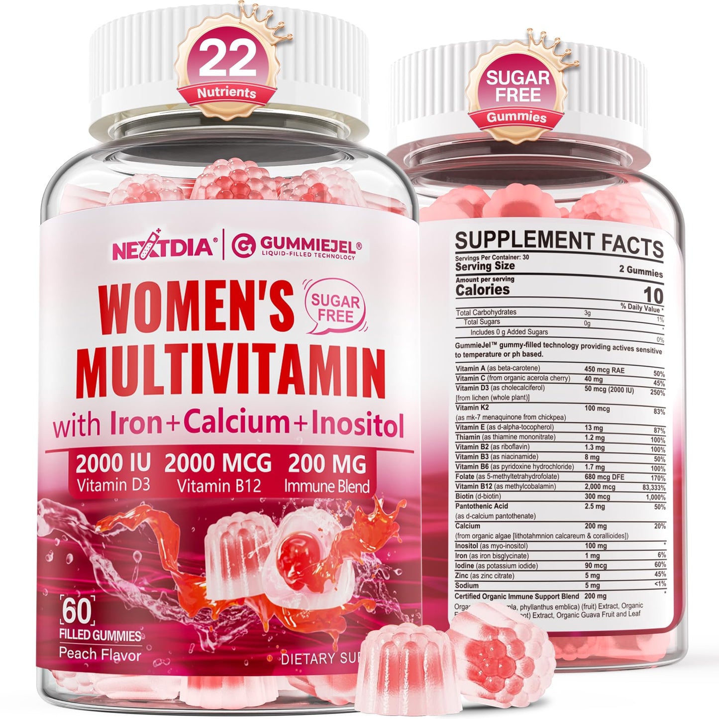 Methylated Multivitamin for Women Gummies, Calcium, D3 K2, Methylfolate & B12, Inositol, Daily Vitamin A C E, B Complex, Biotin, Zinc NextdiaUS supplements