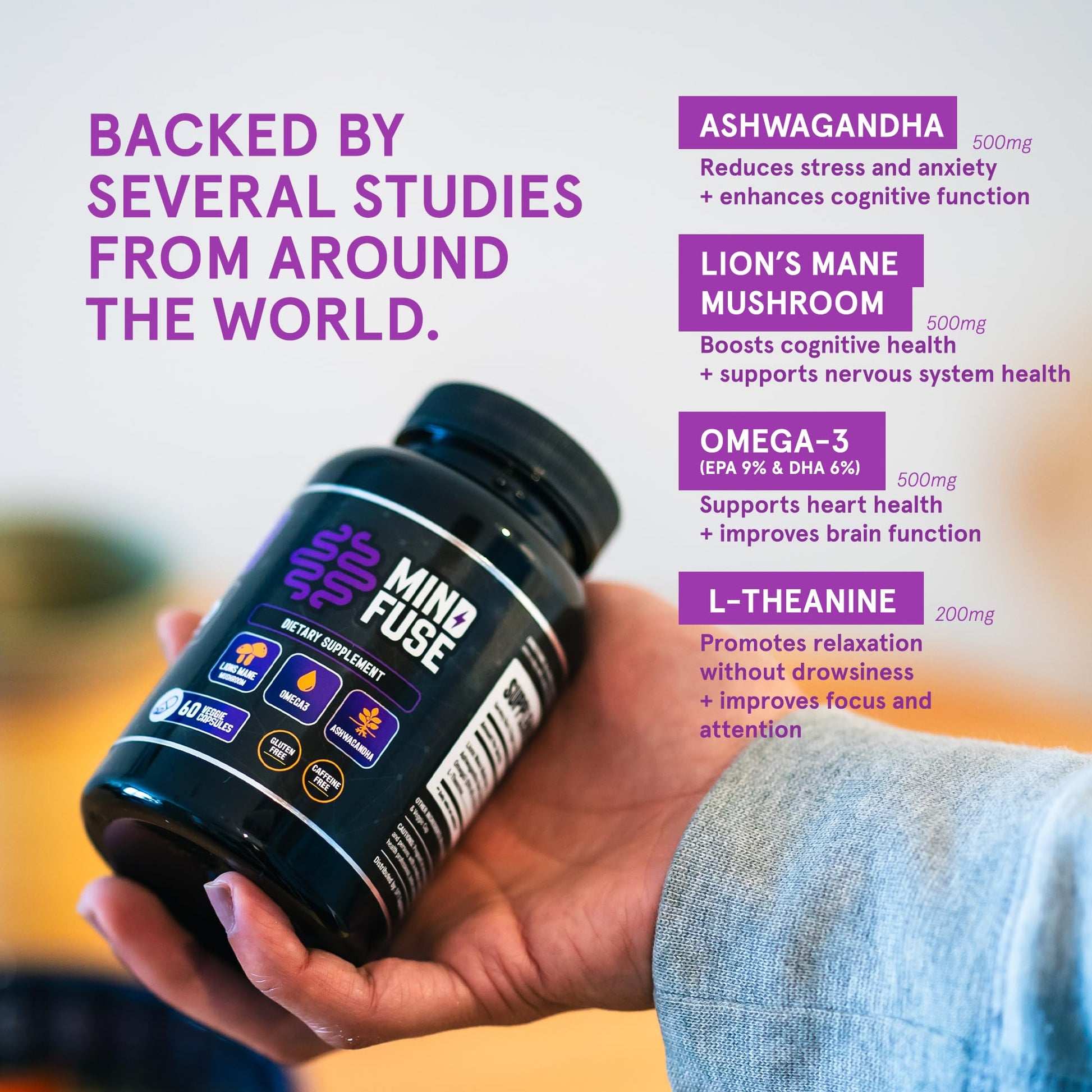 Nootropic Memory Booster Supplement for Adults - Lion’s Mane Capsules with Omega-3, Ashwagandha & L-Theanine for Focus & Memory - Gluten-Free 60 Capsules Mind FuseAu supplements