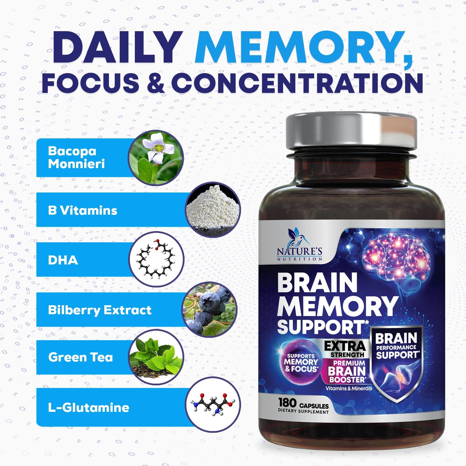 Brain Memory Supplement Pills - 3X Strength Nootropics for Concentration, Clarity & Focus Support - Brain Health Cognitive Vitamins with Bacopa, Phosphatidylserine & DMAE, Brain Booster - 180 Capsules Nature's NutritionAu supplements