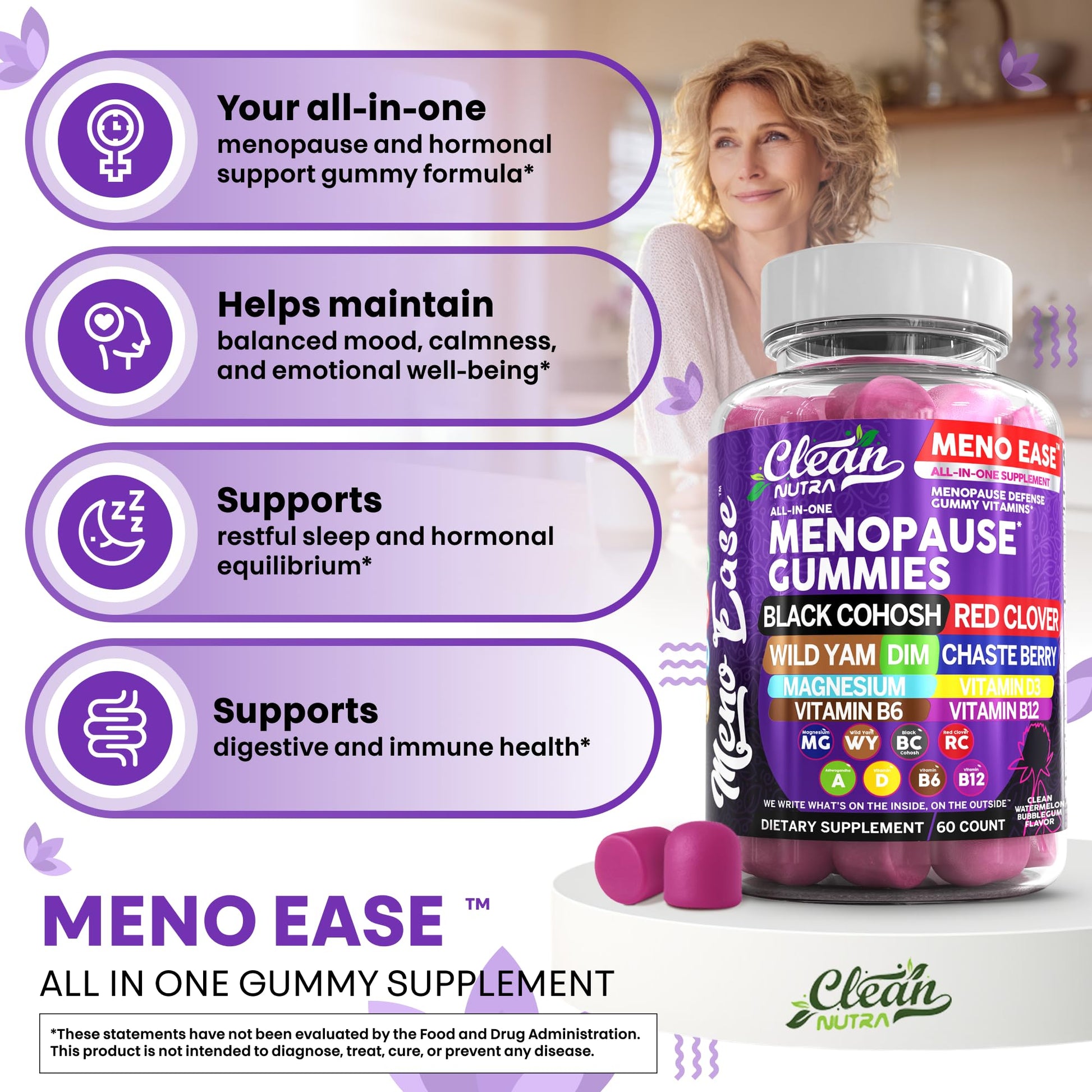 Menopause Supplement for Women Gummies with Black Cohosh, Wild Yam, DIM, Magnesium, Red Clover Chasteberry for Hormone Balance Relief Night Sweats Mood Plus Bergamot, Vitamin D3, Vitamin B6 B12 Clean NutraceuticalsAu supplements