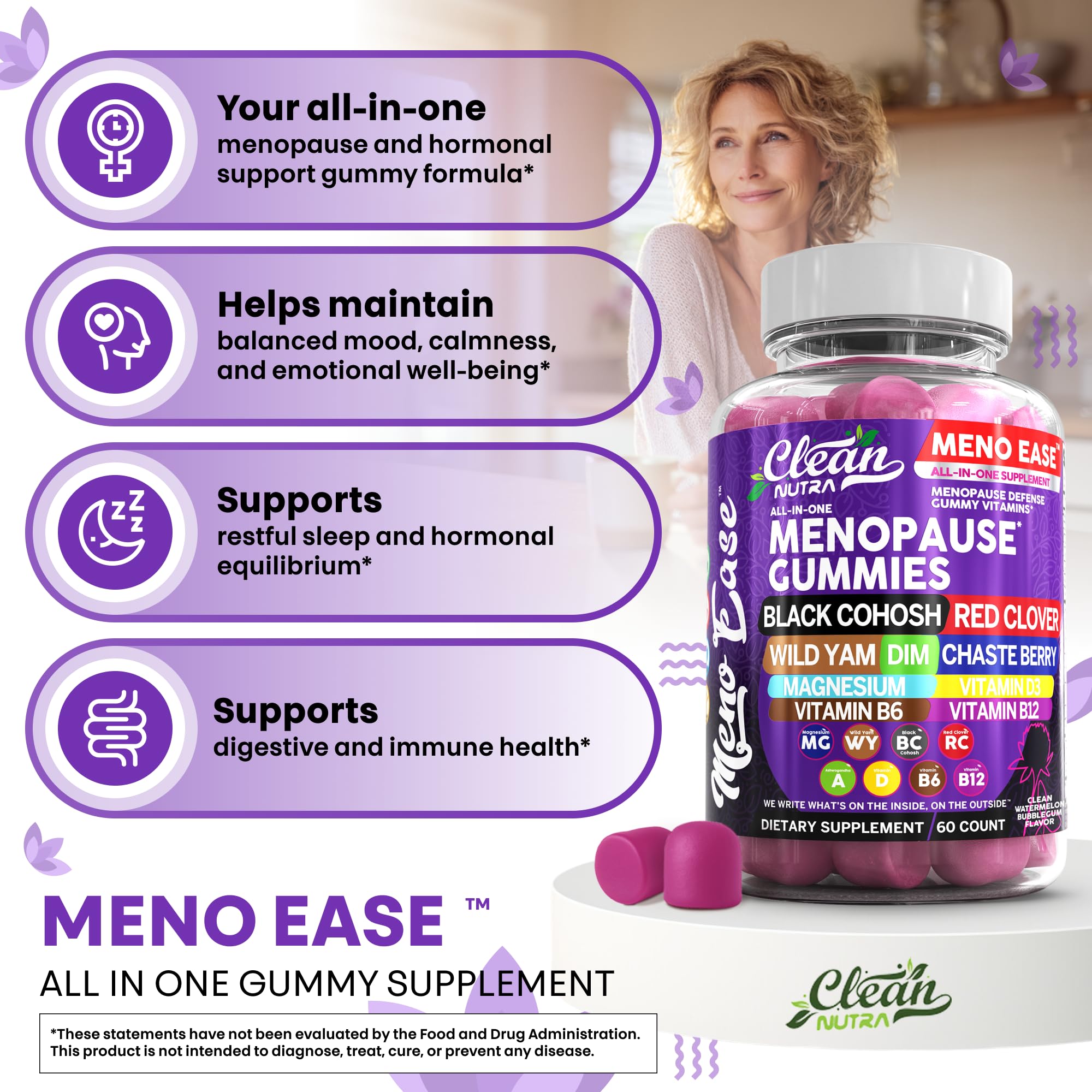 Menopause Supplement for Women Gummies with Black Cohosh, Wild Yam, DIM, Magnesium, Red Clover Chasteberry for Hormone Balance Relief Night Sweats Mood Plus Bergamot, Vitamin D3, Vitamin B6 B12 Clean NutraceuticalsAu supplements
