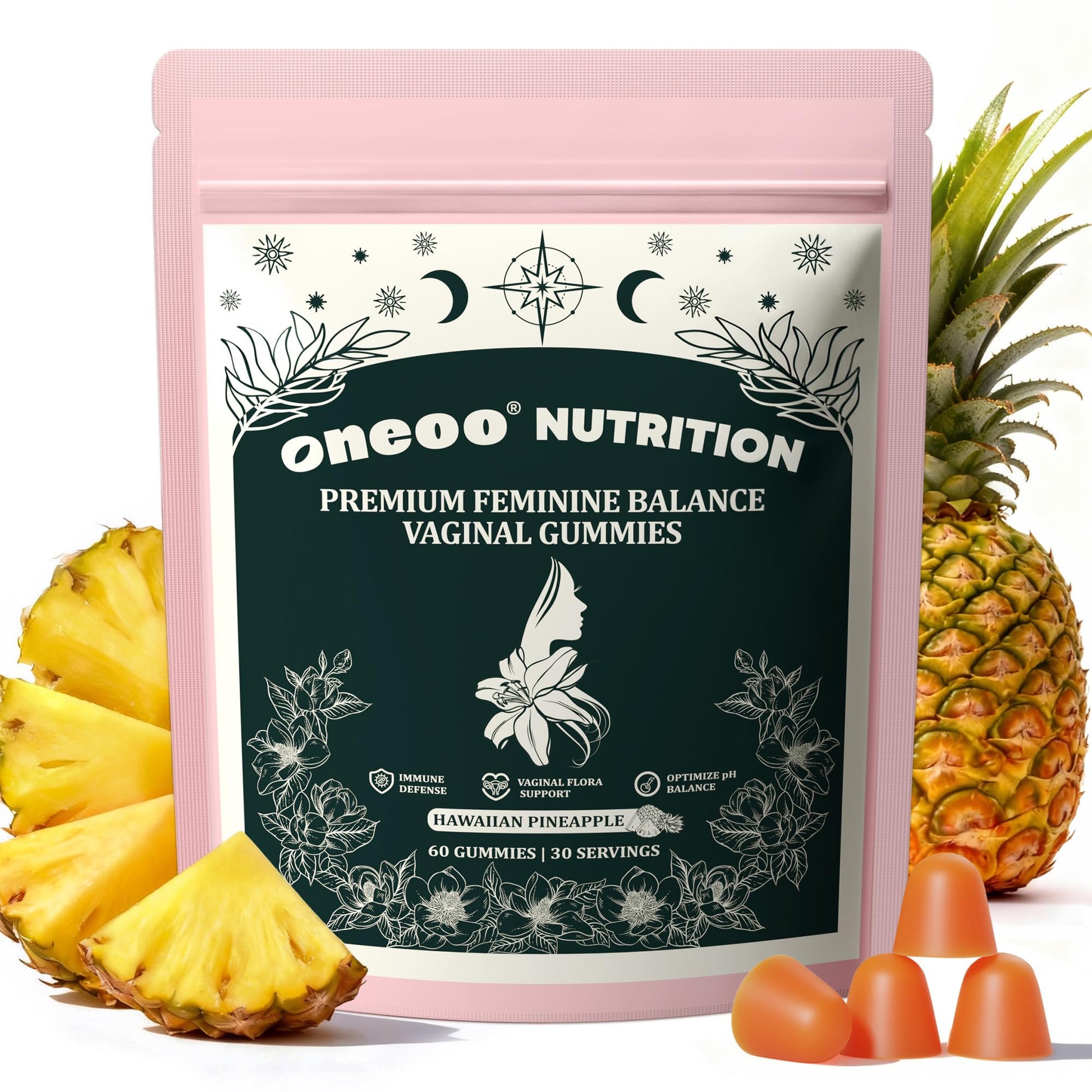 Oneoo Feminine Balance Gummies - Premium Balance Gummies for Women's pH Health, Feminine Gummy for Immune & Energy Support, Vegan, Gluten-Free, Hawaiian Pineapple, 60 Count OneooAu supplements