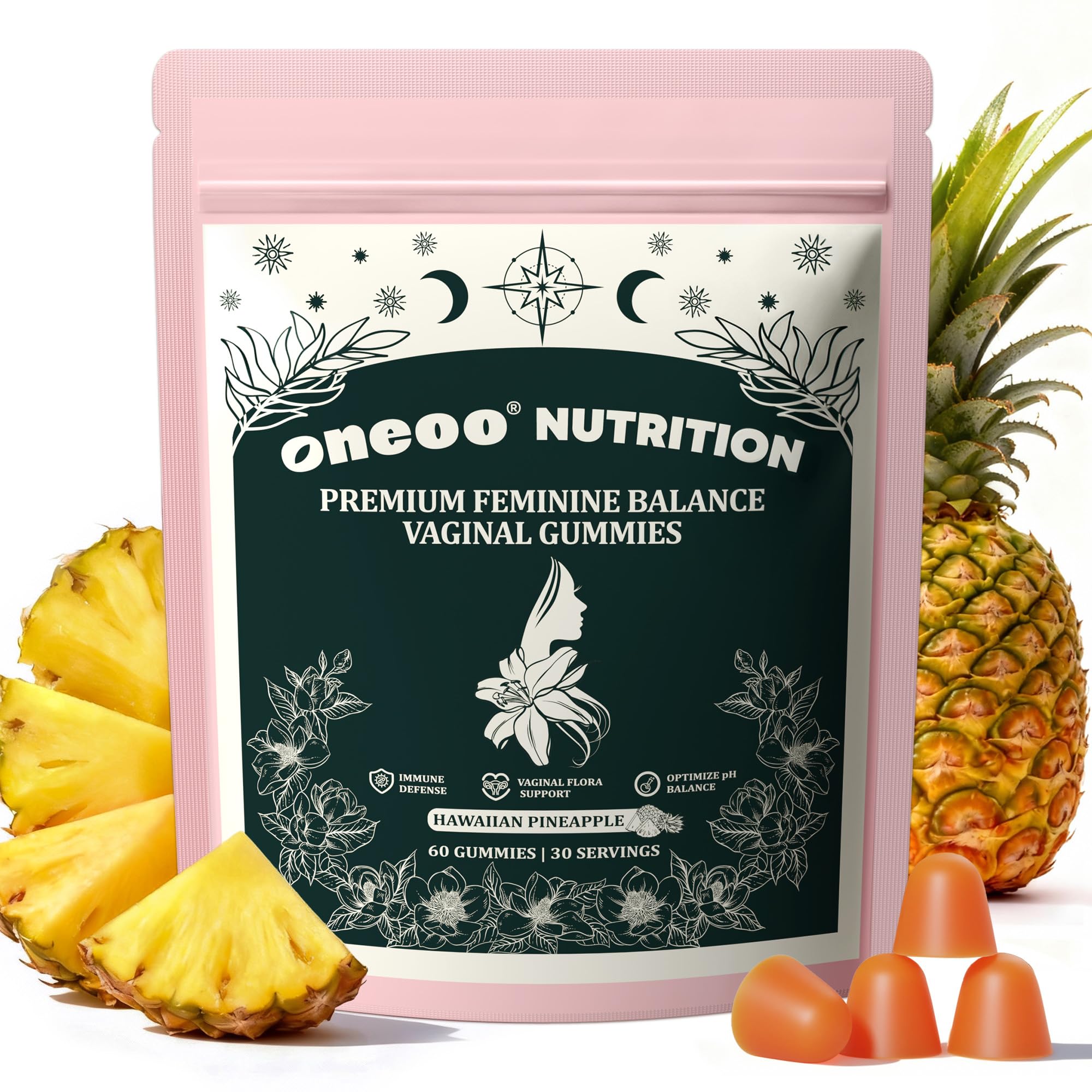 Oneoo Feminine Balance Gummies - Premium Balance Gummies for Women's pH Health, Feminine Gummy for Immune & Energy Support, Vegan, Gluten-Free, Hawaiian Pineapple, 60 Count OneooAu supplements