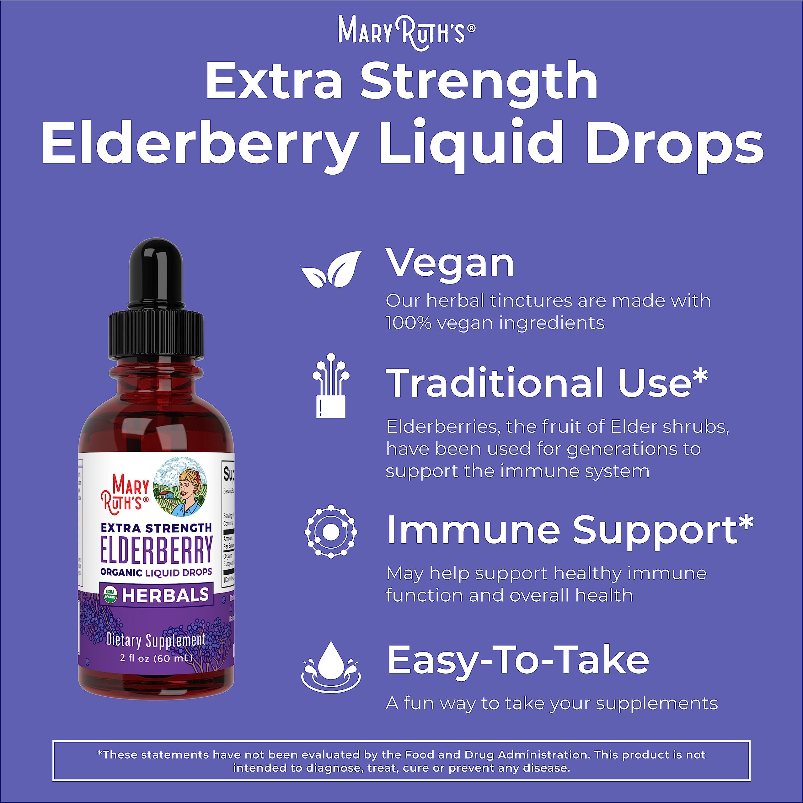 MaryRuth Organics Elderberry Syrup Extra Strength, USDA Organic Elderberry, Sugar Free Adults & Kids Immune Support Supplement for Ages 1+, Clean Label Project Verified®, Vegan, Gluten Free, 2 Fl Oz MARYRUTH'SUS supplements