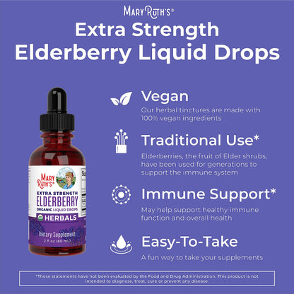 MaryRuth Organics Elderberry Syrup Extra Strength, USDA Organic Elderberry, Sugar Free Adults & Kids Immune Support Supplement for Ages 1+, Clean Label Project Verified®, Vegan, Gluten Free, 2 Fl Oz MARYRUTH'SUS supplements