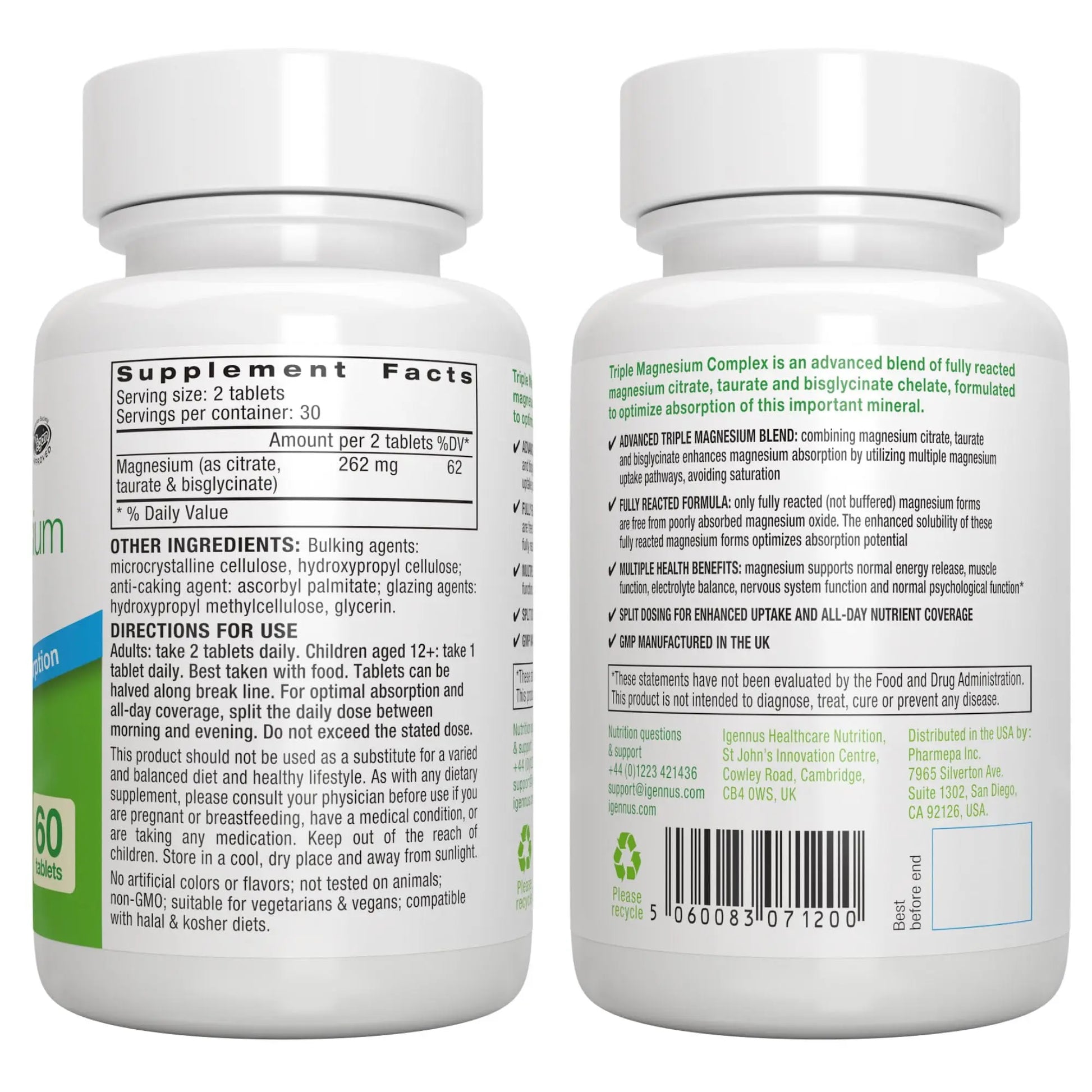 Igennus Superior Triple Magnesium Complex, Fully Reacted & Chelated Glycinate, Taurate & Citrate, Clean Label, High Bioavailability & Absorption, 60 Tablets, Vegan, Non-Buffered Igennus Healthcare Nutritionnz supplements