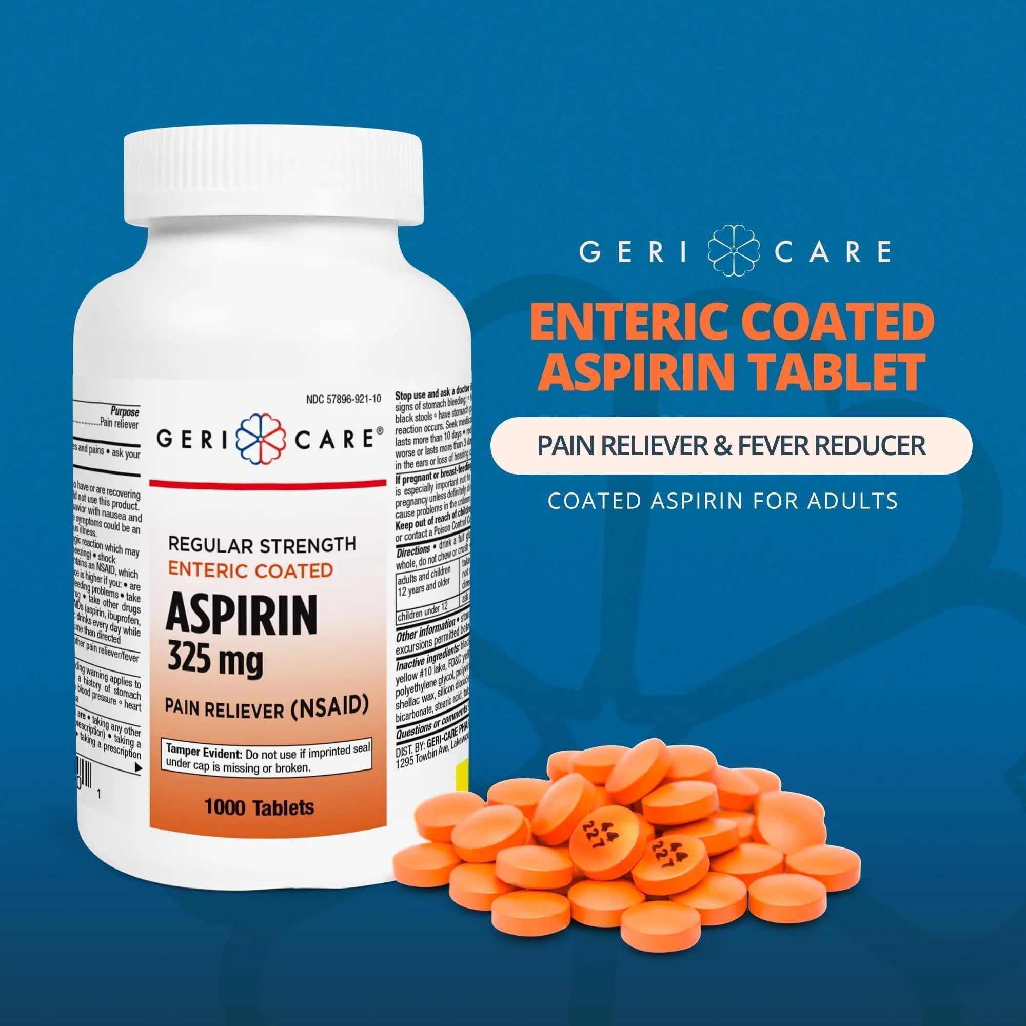GeriCare Enteric Coated Aspirin Tablets 325mg (1000 Count) NSAID Pain Reliever & Fever Reducer for Adults- Regular Strength Aspirin for Headache Arthritis Menstrual & Muscle Pain GeriCareAu supplements