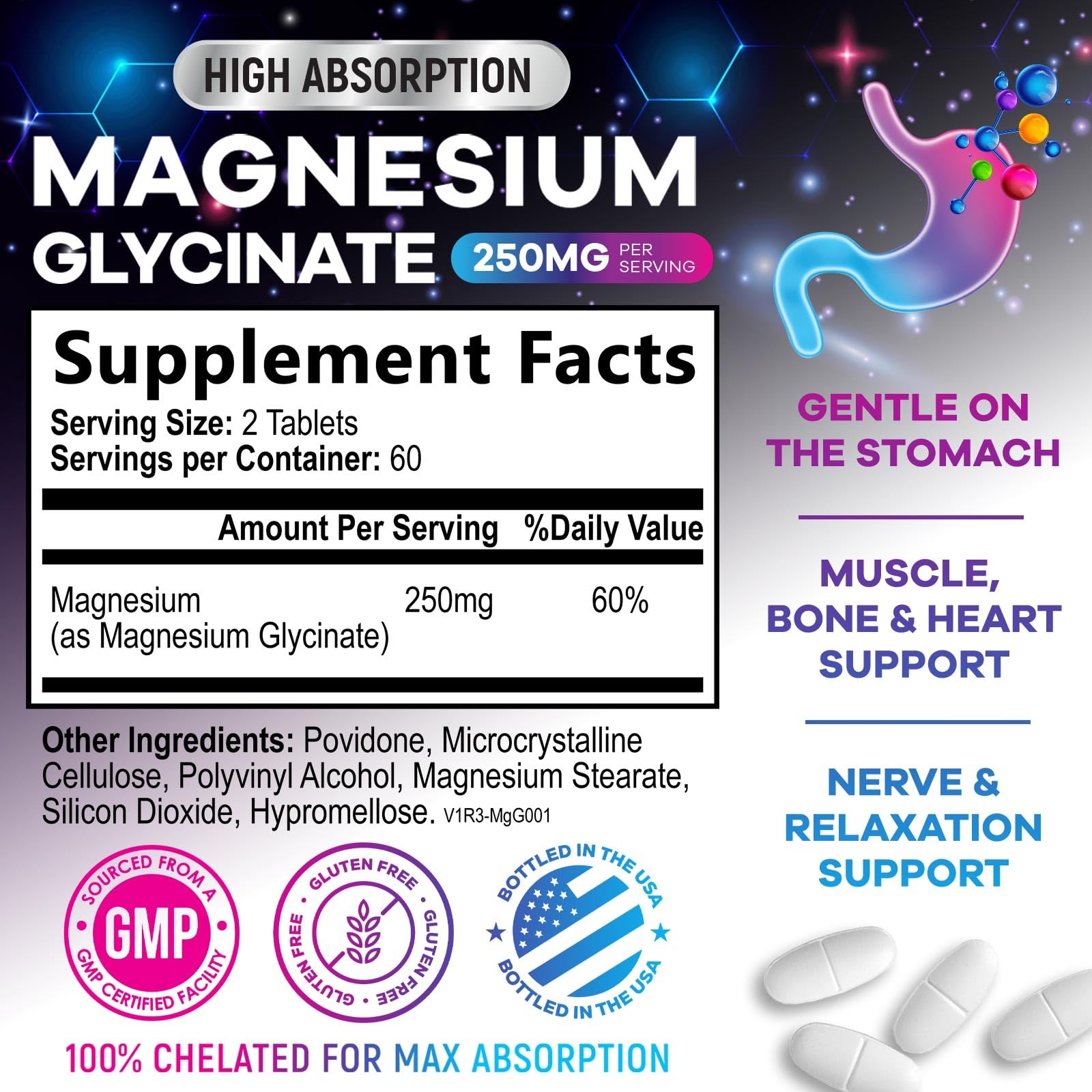 Magnesium Glycinate Supplement 250mg - 100% Chelated & Purified - to Support Sleep, Heart Health, Muscles, & Bone Strength - Best Absorption Magnesium Glycinate Capsules, Bottled in USA - 120 Tablets Nature's PeakAu supplements