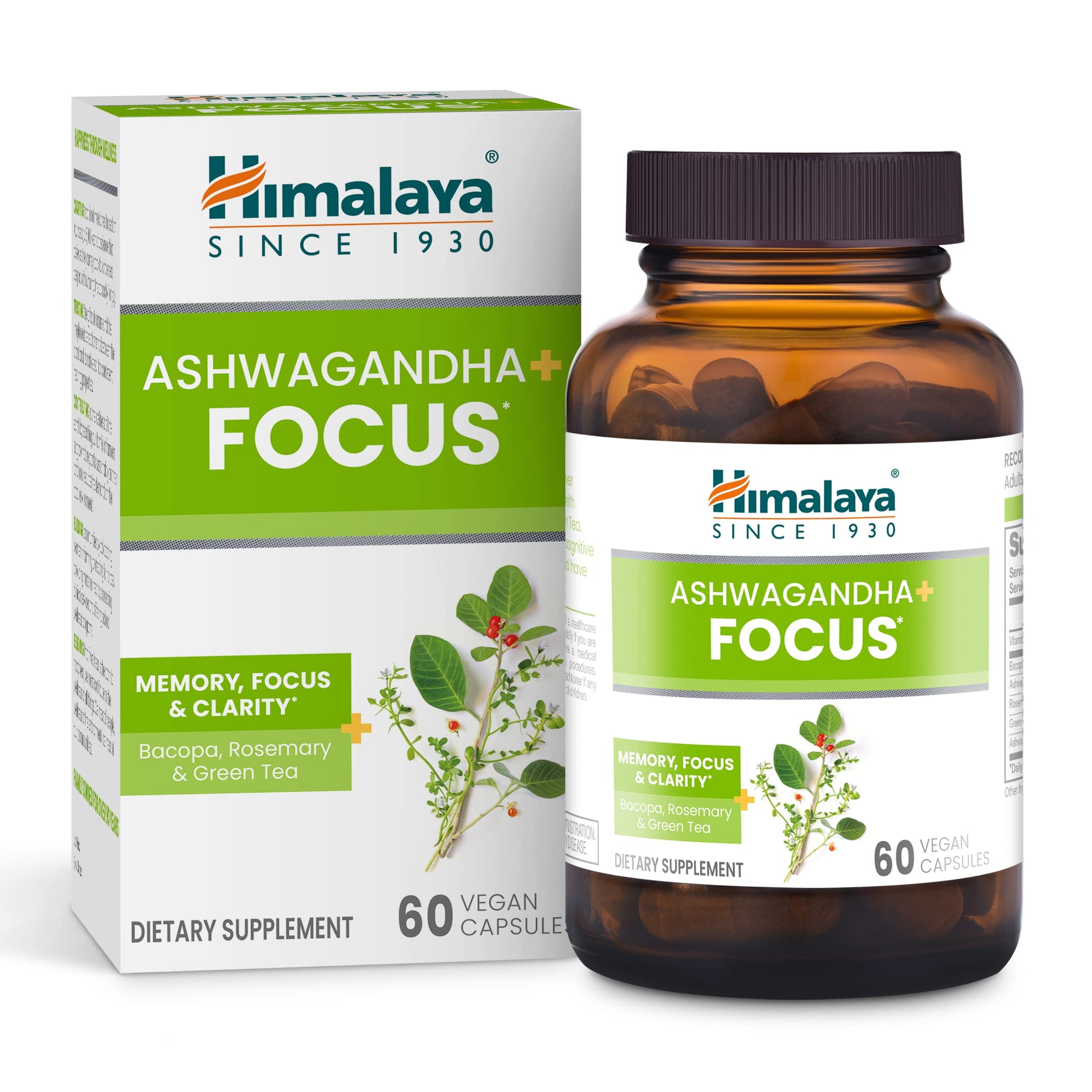 Himalaya Ashwagandha+ Focus - Herbal Focus Supplement with B12, Rosemary, Green Tea, and Bacopa Nootropics for Memory and Clarity - Vegan, Non-GMO, Gluten Free, 1690 mg, 60 Caplets HimalayaAu supplements