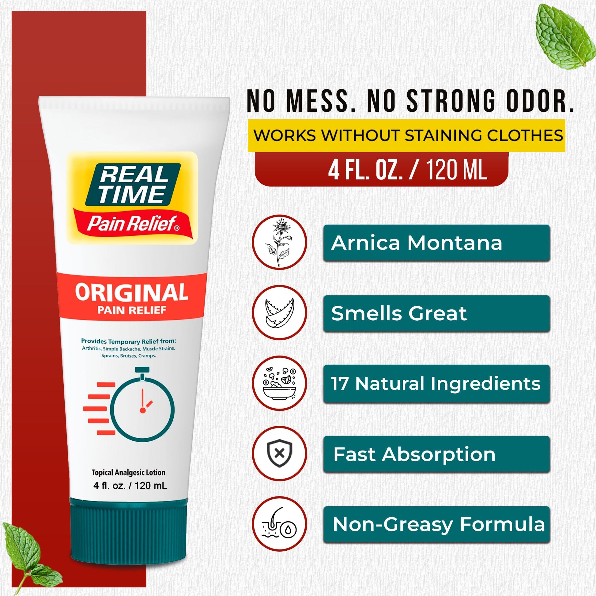 Real Time Pain Relief Cream 4oz Tube | 17 Natural Ingredients: 1.25% Menthol, Arnica & MSM | Muscle Strain & Joint Discomfort Relief for Arthritis, Cramps, Sprains, Bruises, Hands, Back & Knee Pain Real Time Pain ReliefAu supplements