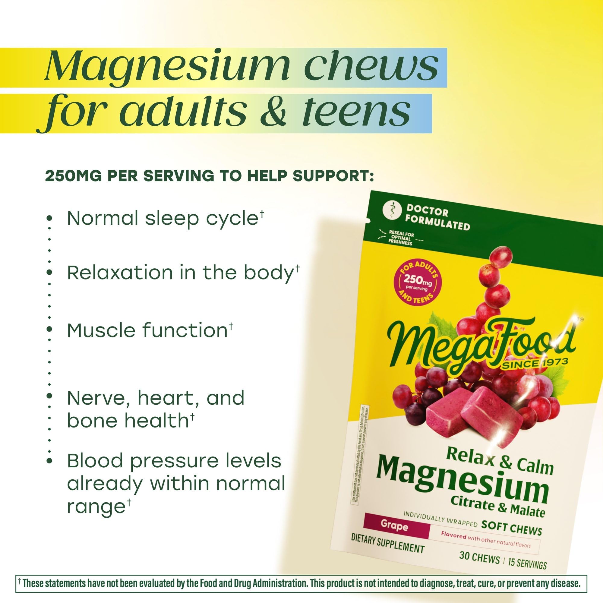 MegaFood Relax + Calm Magnesium Complex with Magnesium Citrate & Malate for Heart Health, Muscle Tension & More – Doctor Formulated - Vegetarian – Grape Flavor - 30 Soft Chews (15 Servings) MegaFoodAu supplements