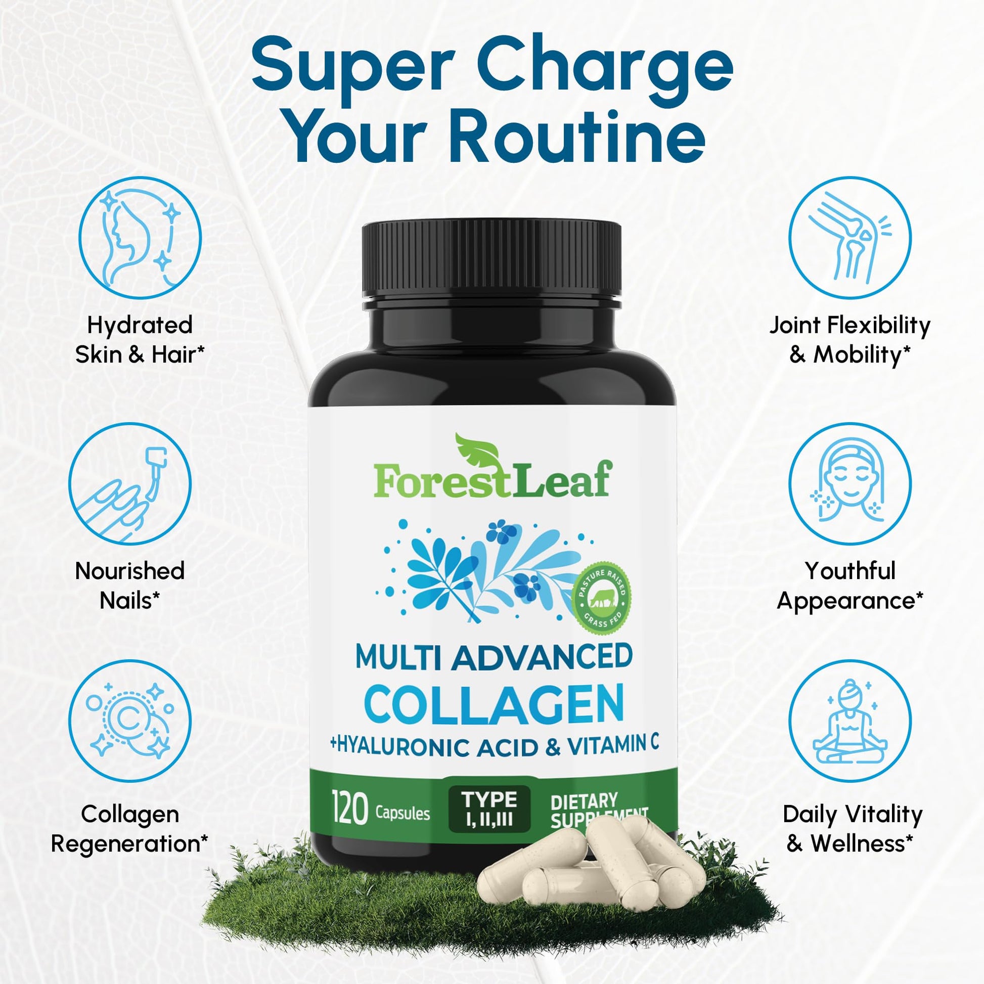 ForestLeaf Multi Collagen Pills with Hyaluronic Acid + Vitamin C | Hydrolyzed Collagen Supplements for Women or Men | Multi Collagen Capsules Peptides for Skin, Wrinkles, 120 Caps ForestLeafAu supplements