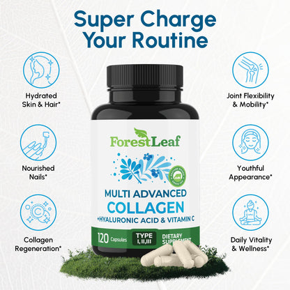 ForestLeaf Multi Collagen Pills with Hyaluronic Acid + Vitamin C | Hydrolyzed Collagen Supplements for Women or Men | Multi Collagen Capsules Peptides for Skin ForestLeafUS supplements