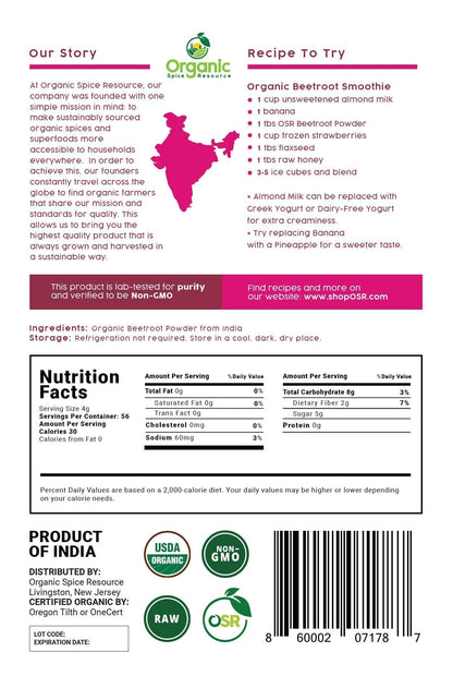 Organic Beet Root Powder | 8 oz or 226g | USDA Organic Approved, Raw and Non GMO Organic Spice ResourceUS supplements
