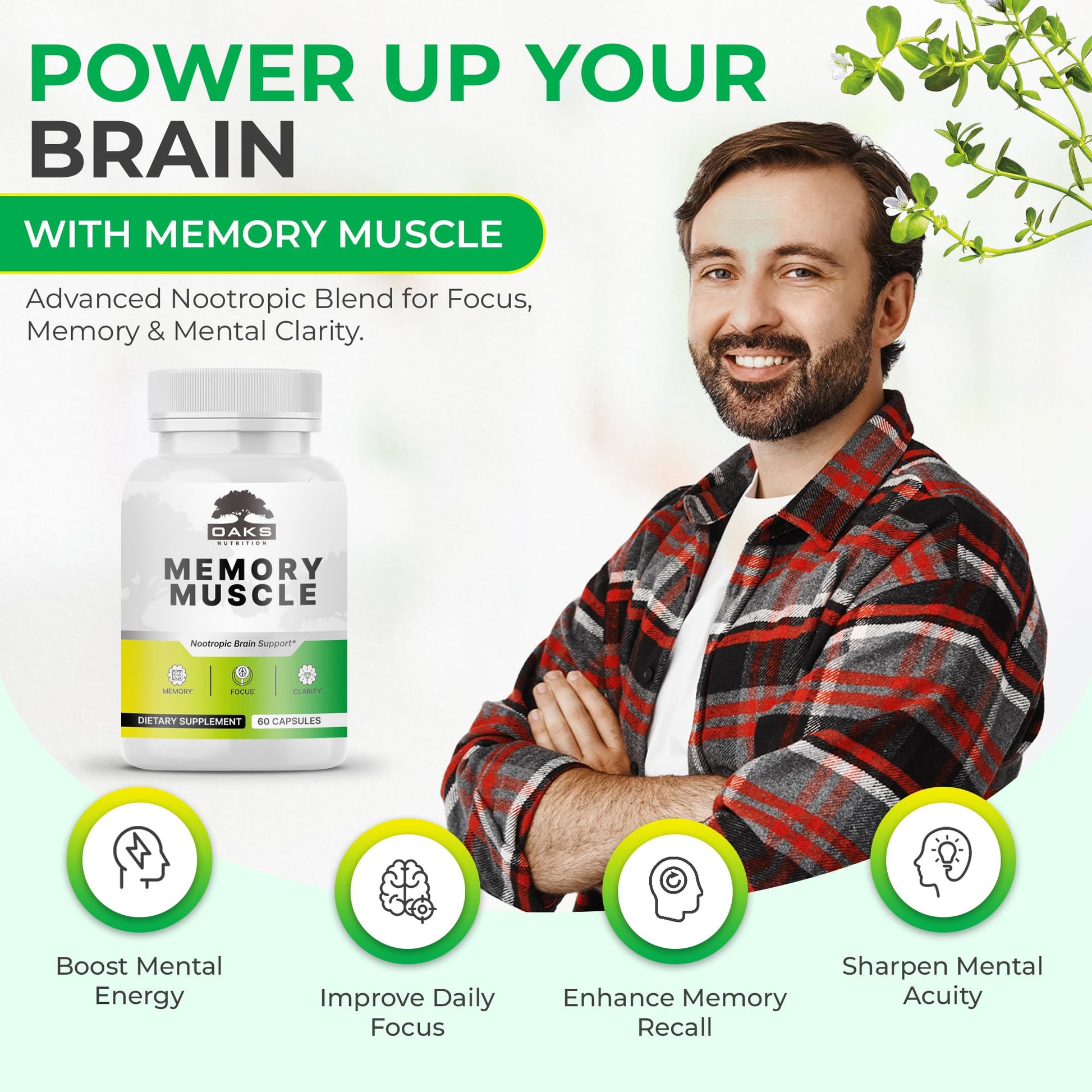 Memory Muscle – Advanced Nootropic Brain Supplement with Vitamin B12, Bacopa Monnieri & DMAE for Focus, Memory, Mental Clarity & Clean Energy – Premium Cognitive Support Formula Oaks NutritionAu supplements