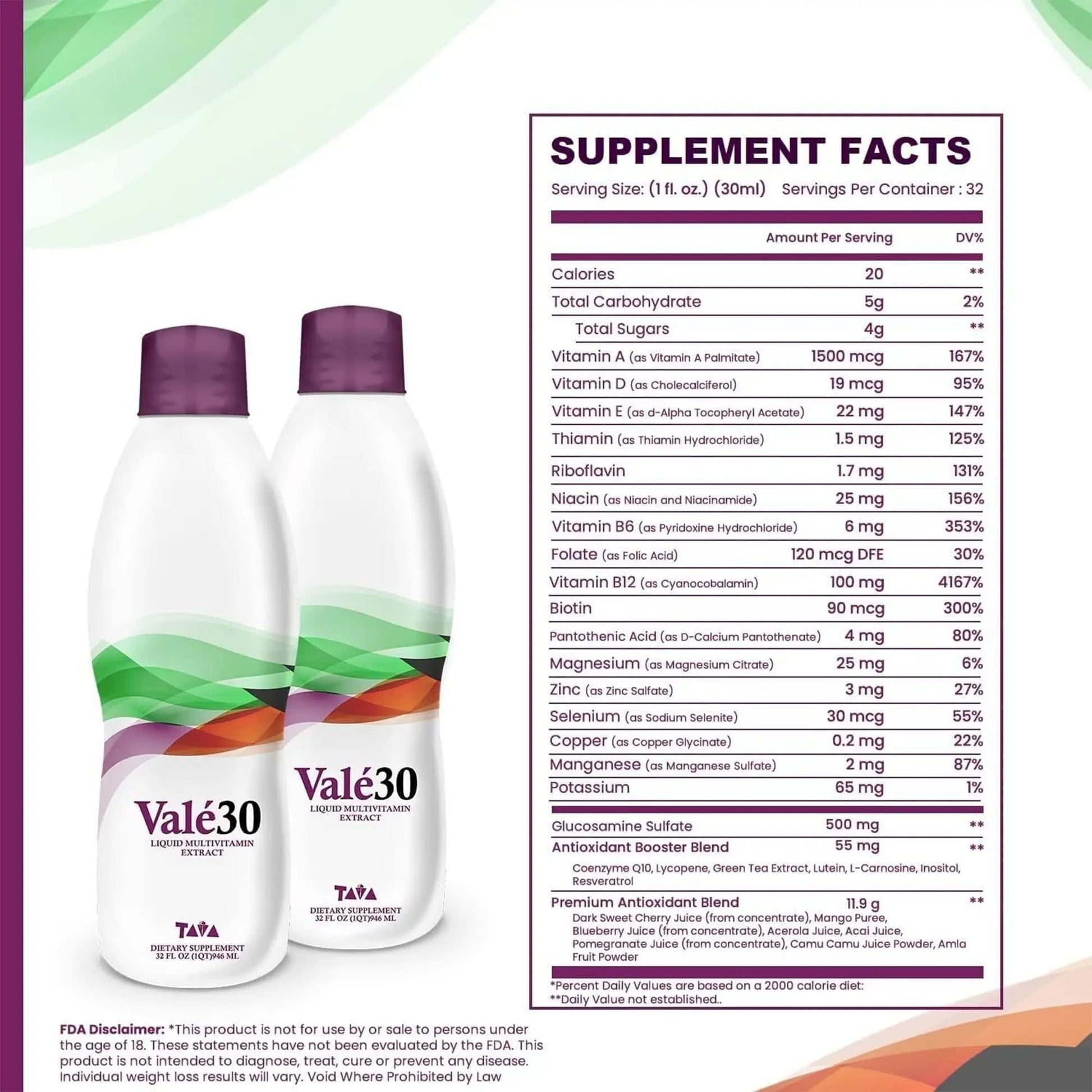 TAVA Valé30 - Liquid Multivitamin - 30-Day Supplement with Vitamin A and B Complex for Men, Women, and Family, Daily Boost Drink - 2 Bottles TAVAAu supplements