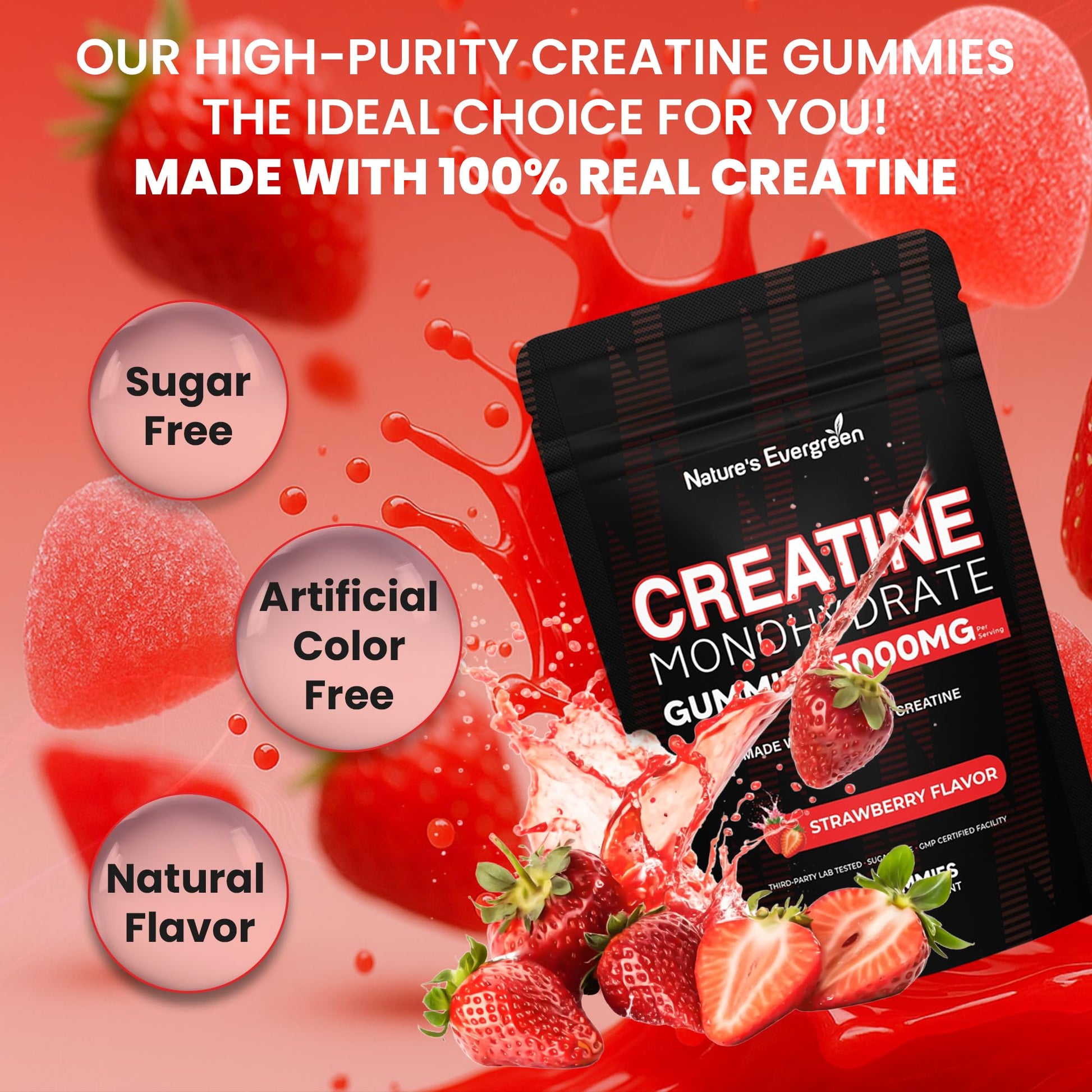 Creatine Monohydrate 5000mg Gummies, Pre-Workout 5g Creatine Gummy Supplement for Men & Women: Muscle Builder & Energy Boost, Sugar Free, Vegan, Strawberry Flavor, (120 Count) Made in USA Nature's EvergreenAu supplements