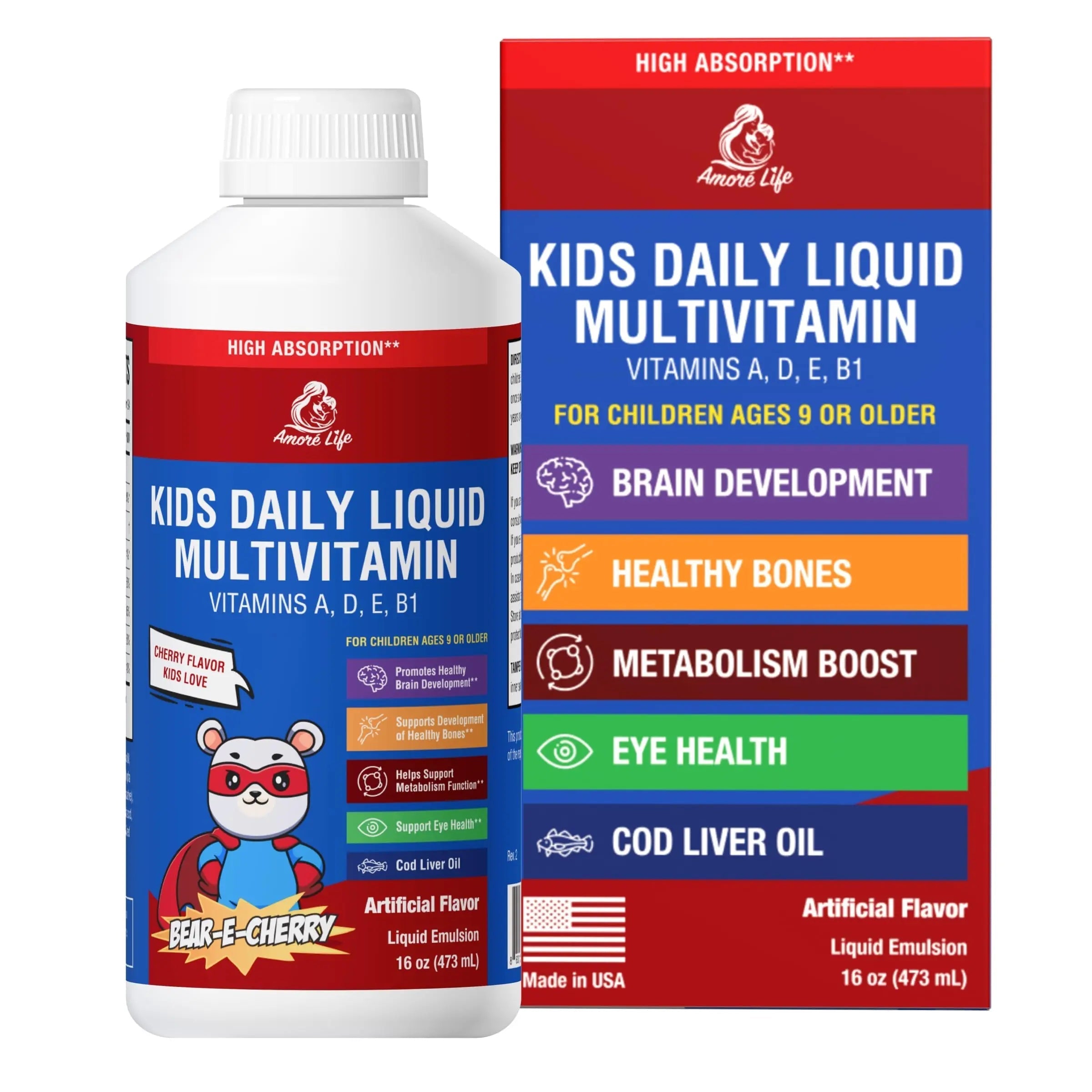 Amore Life Daily Liquid Multivitamin for Kids, High Absorption with Liquid Vitamin A, D, E, B1 and Cod Liver Oil for Kids Amore LifeAu supplements