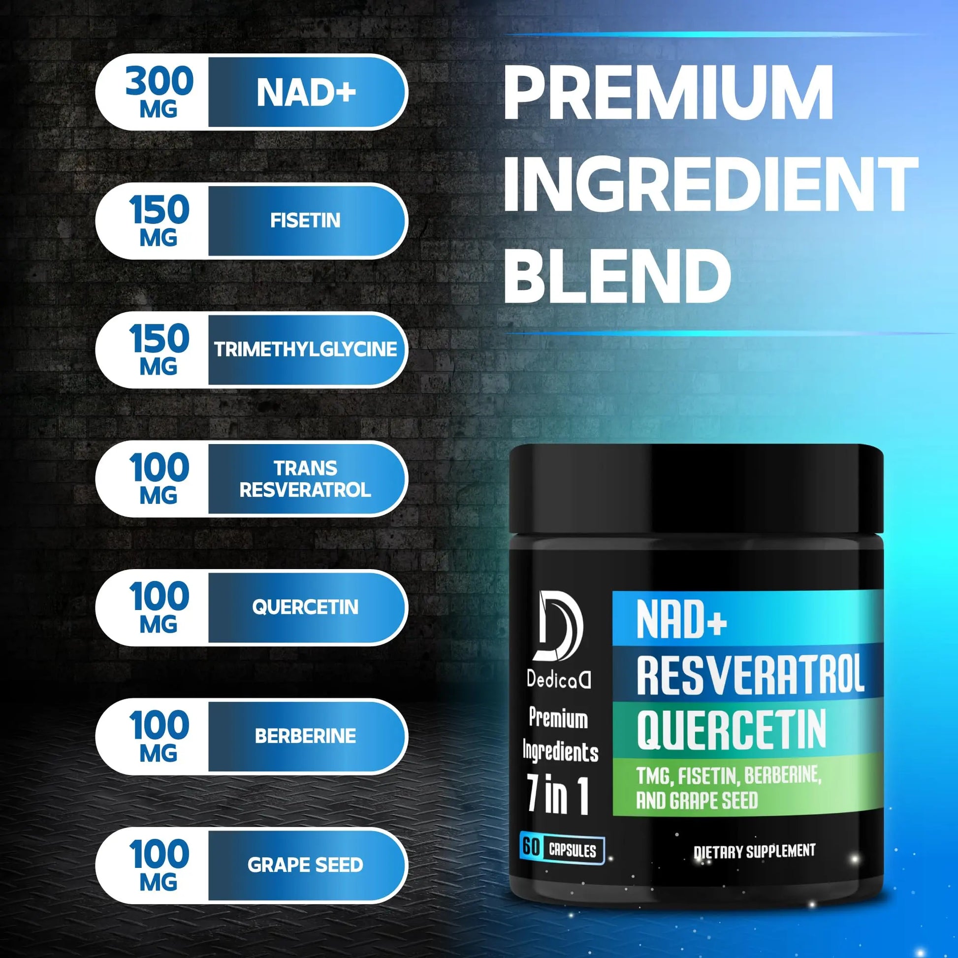 DEDICAD NAD.+ Supplement - Combined to Resveratrol, Quercetin, Berberine, Fisetin, TMG and Grape Seed - 60 Capsules DEDICADnz supplements