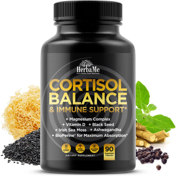 Cortisol Balance and Immune Support Supplement with Ashwagandha, Irish Sea Moss, Black Seed, Vitamin D and Magnesium Complex | Mood Enhancer | Immunity Booster | Stress Relief Pills | 90 Capsules HerbaMeAu supplements