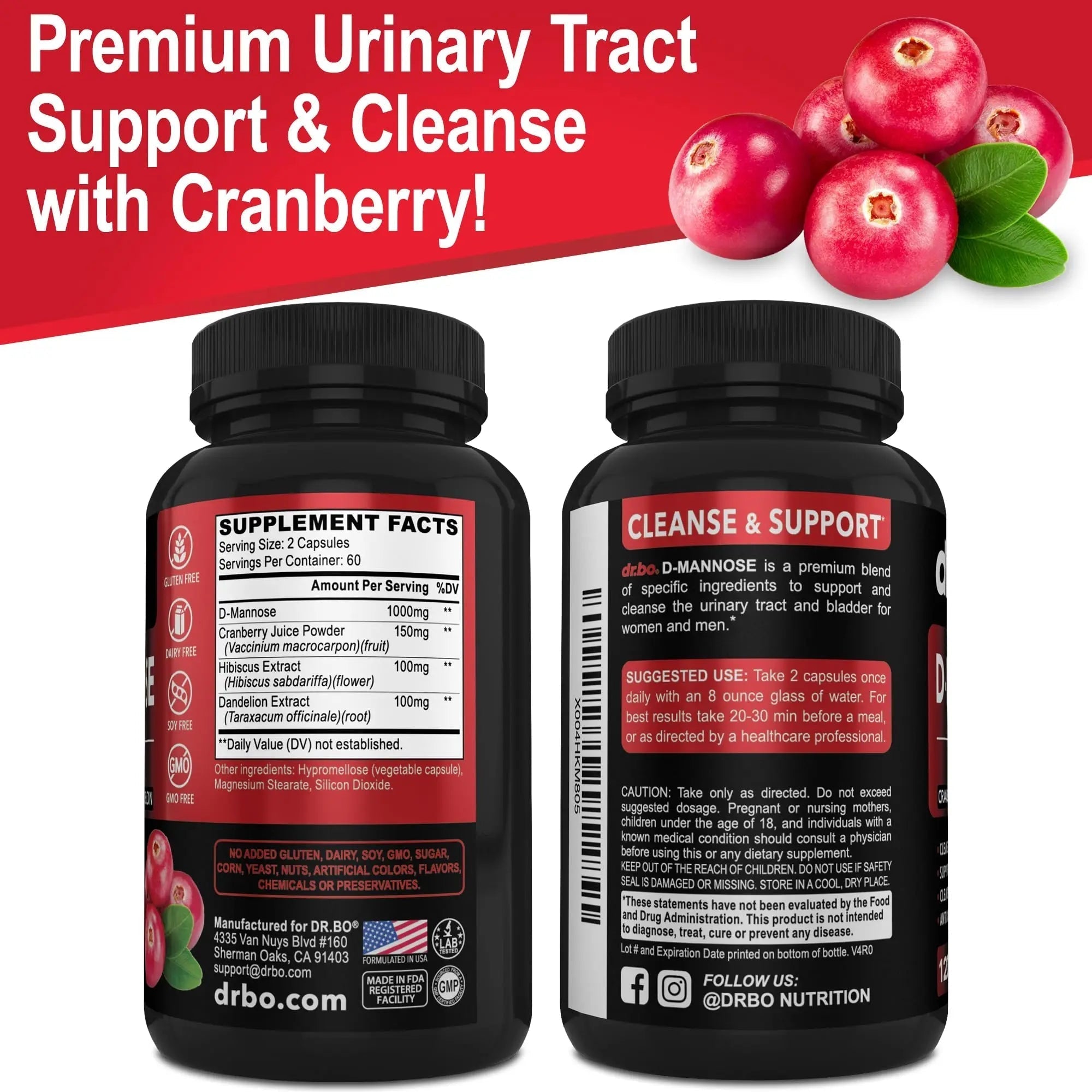 D Mannose Supplements for Women Pills - Natural D-Mannose 500mg Capsules, Cranberry DMannose Pills 1000mg Per Serving - Bladder Flush & Urinary Tract Cleanse Health Supplement - 120 Veg Capsules DR. BOAu supplements